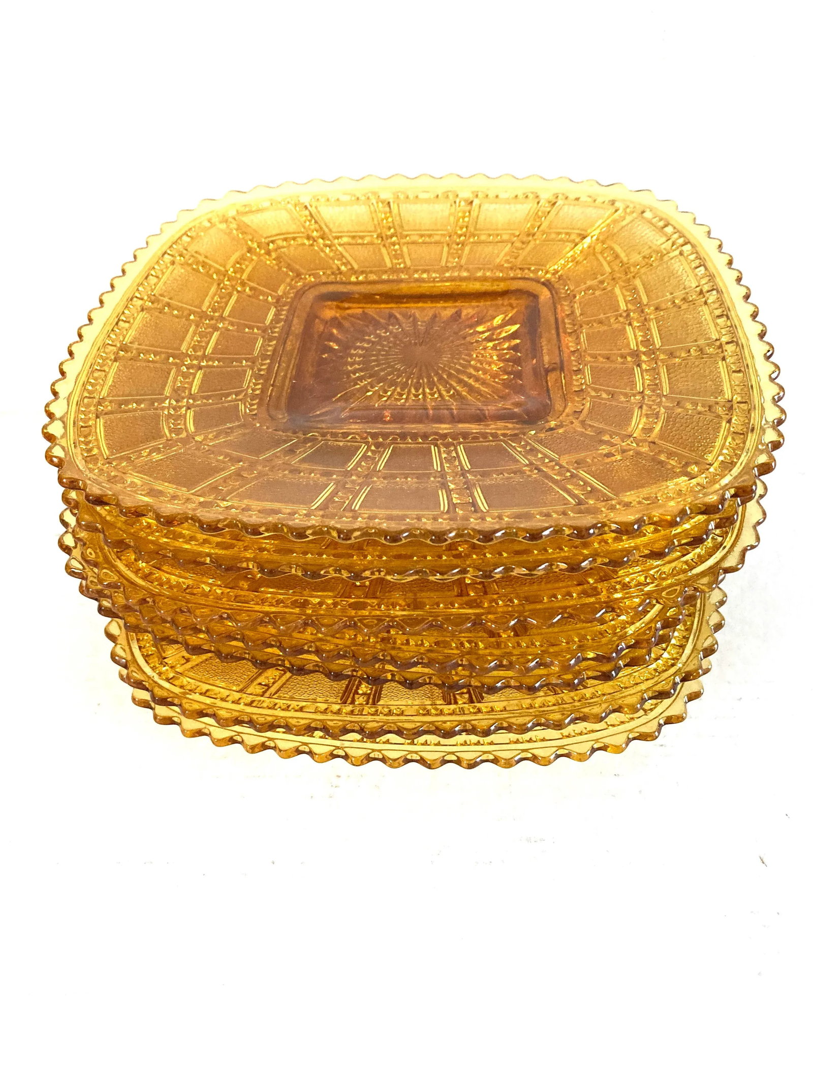 Vintage Imperial Beaded Amber Glass Luncheon Plates Set-7 - 9