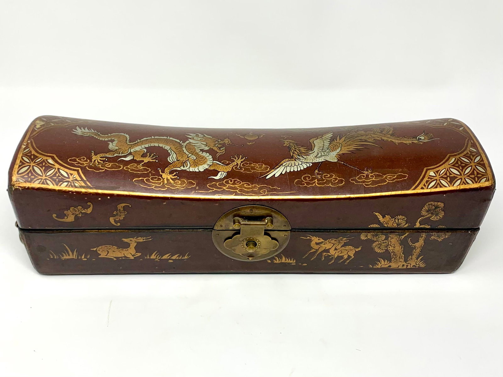 Antique Chinese Hand-Painted Leather Covered Pillow Box - 12