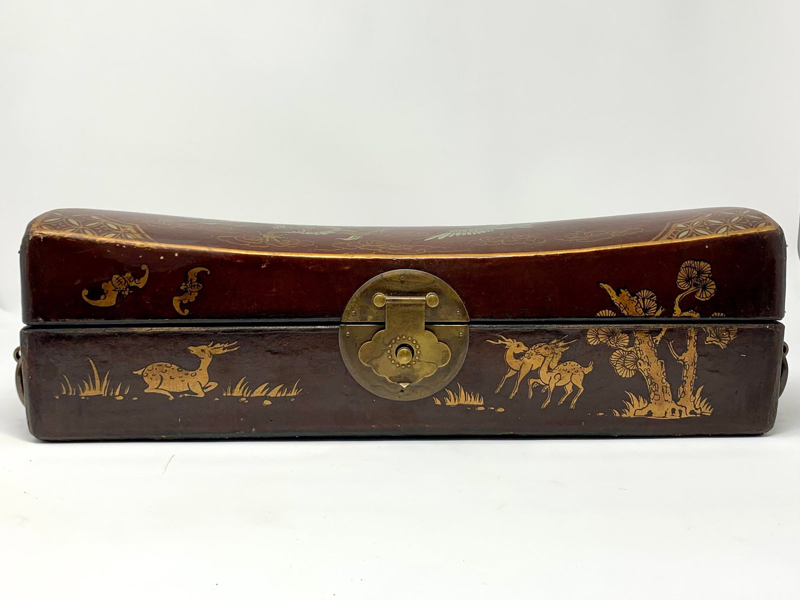 Antique Chinese Hand-Painted Leather Covered Pillow Box - 2