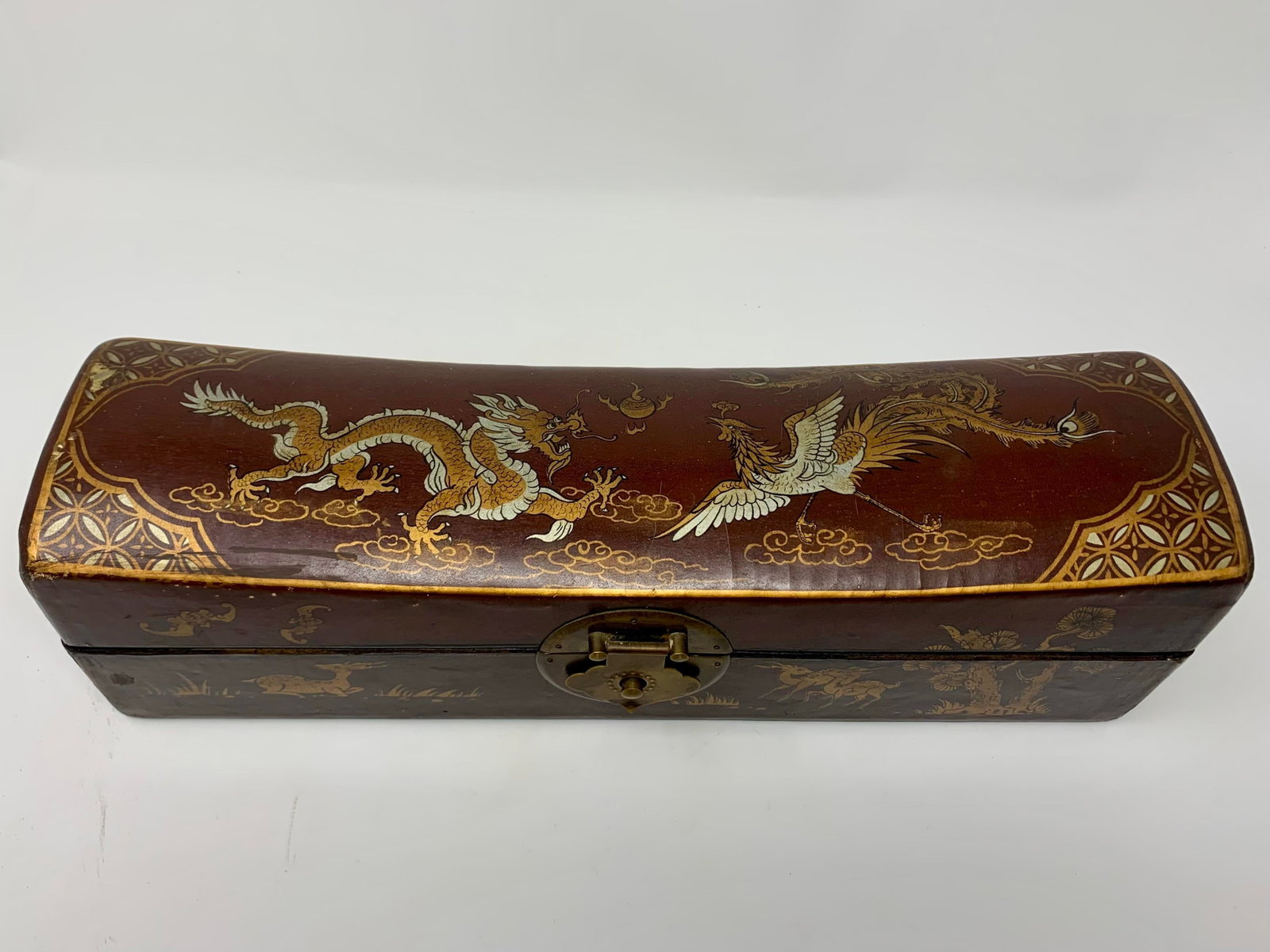 Antique Chinese Hand-Painted Leather Covered Pillow Box - 3