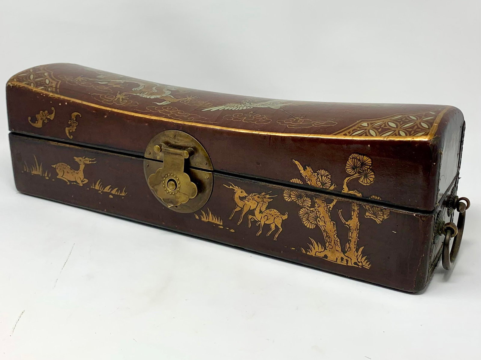 Antique Chinese Hand-Painted Leather Covered Pillow Box - 4