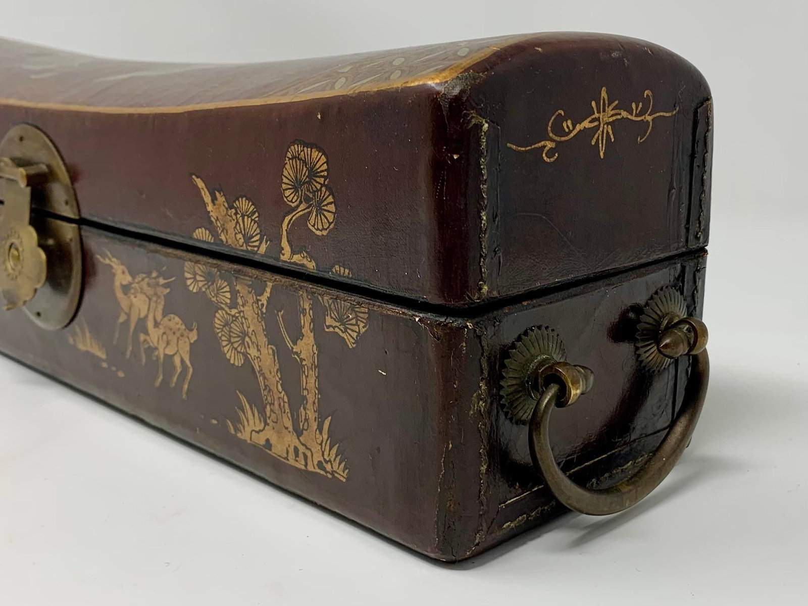 Antique Chinese Hand-Painted Leather Covered Pillow Box - 5