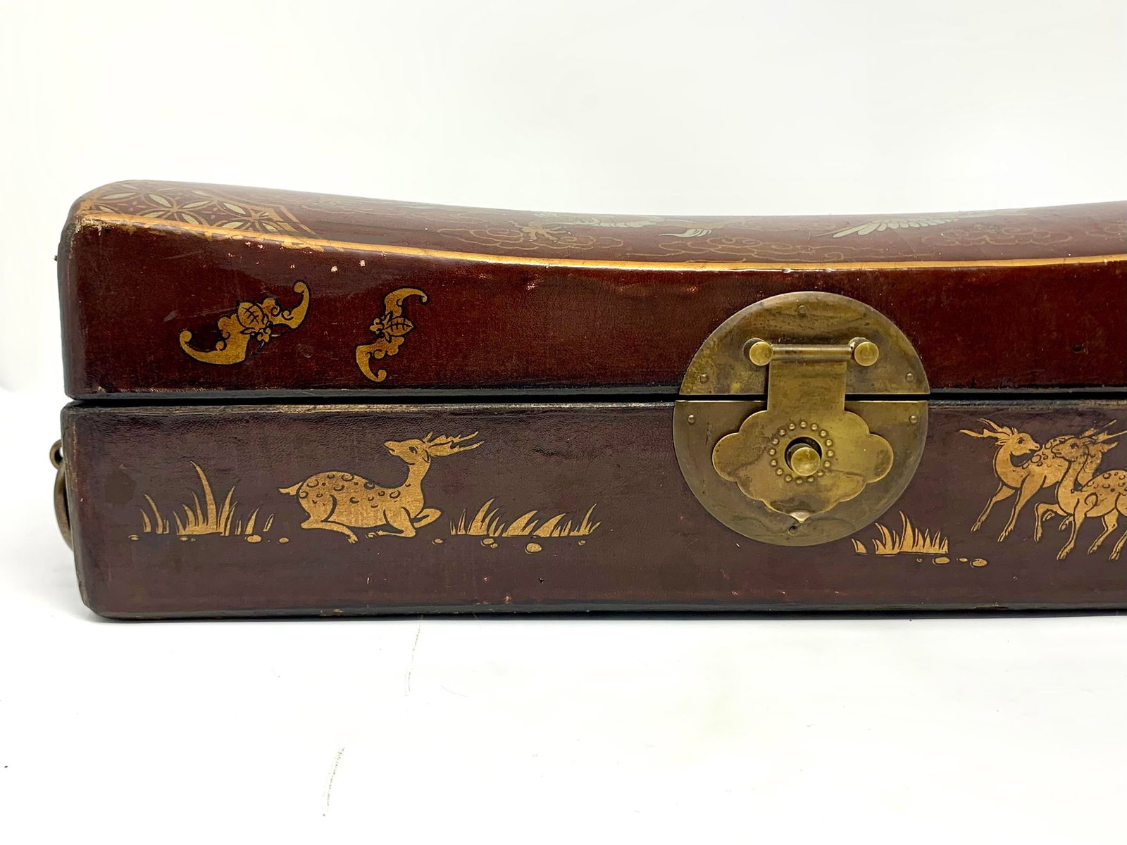 Antique Chinese Hand-Painted Leather Covered Pillow Box - 6