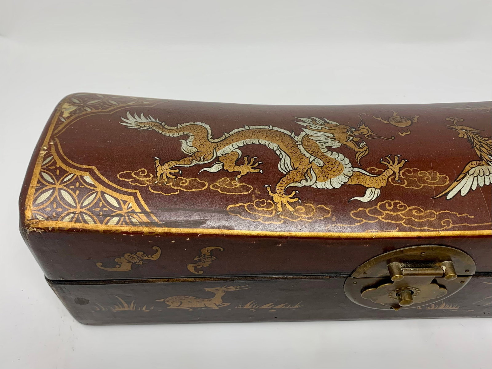 Antique Chinese Hand-Painted Leather Covered Pillow Box - 7