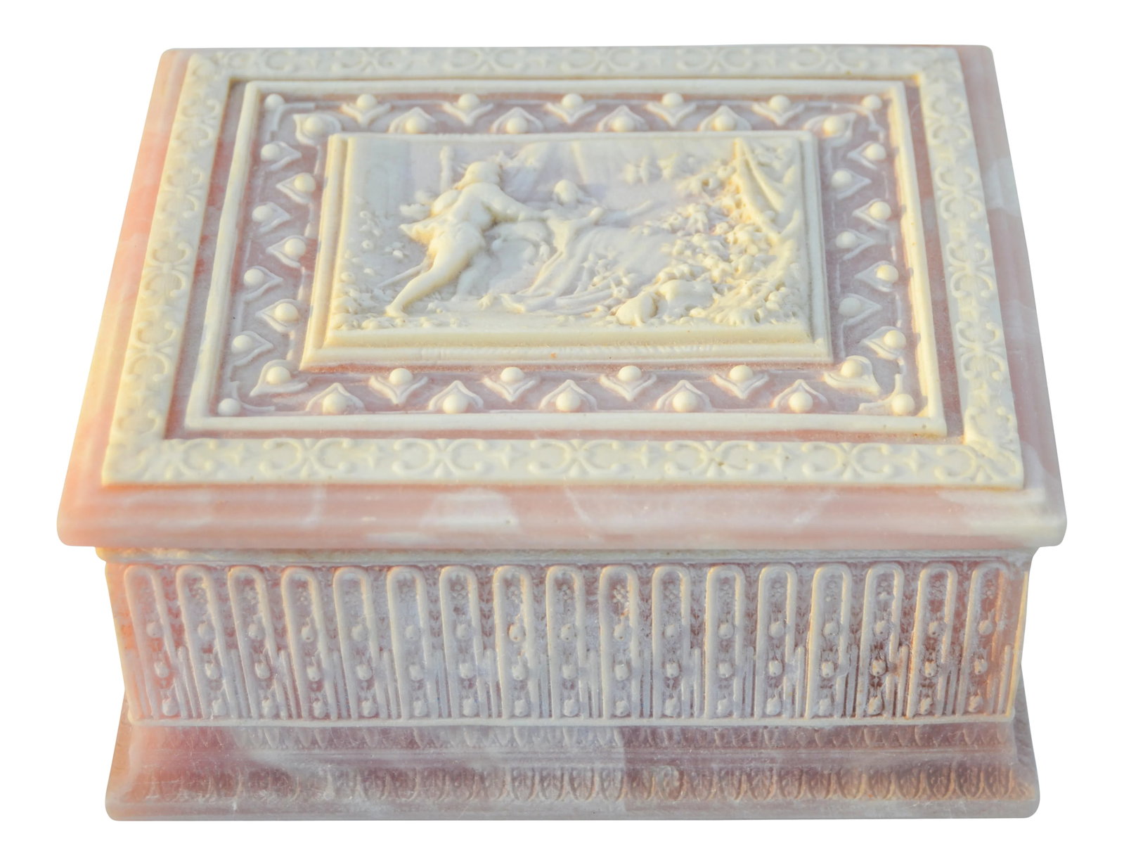 Mid-Century Pink Incolay Stone Box: Vintage handcrafted pink incolay stone box. Exhibits an intricate pattern and fine details. Marked: Handcrafted Genuine Incolay Stone USA. This beautiful accent ships within 1-2 business days from
