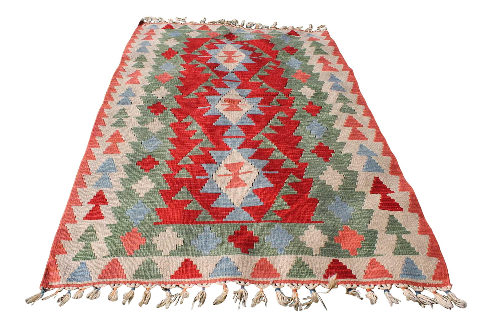 1980s Vintage Turkish Colorful Tribal Style Oushak Kilim Rug: Decorative Hand Knotted Tribal Design Oushak Vintage Turkish Kilim Rug- 4x6 Ft Size: 3.6 x 5.6 ft (110 x 172 cm) 43 x 68 inches Color: Green, Blue, Red, White Material: 100% Wool Fast Shipping: