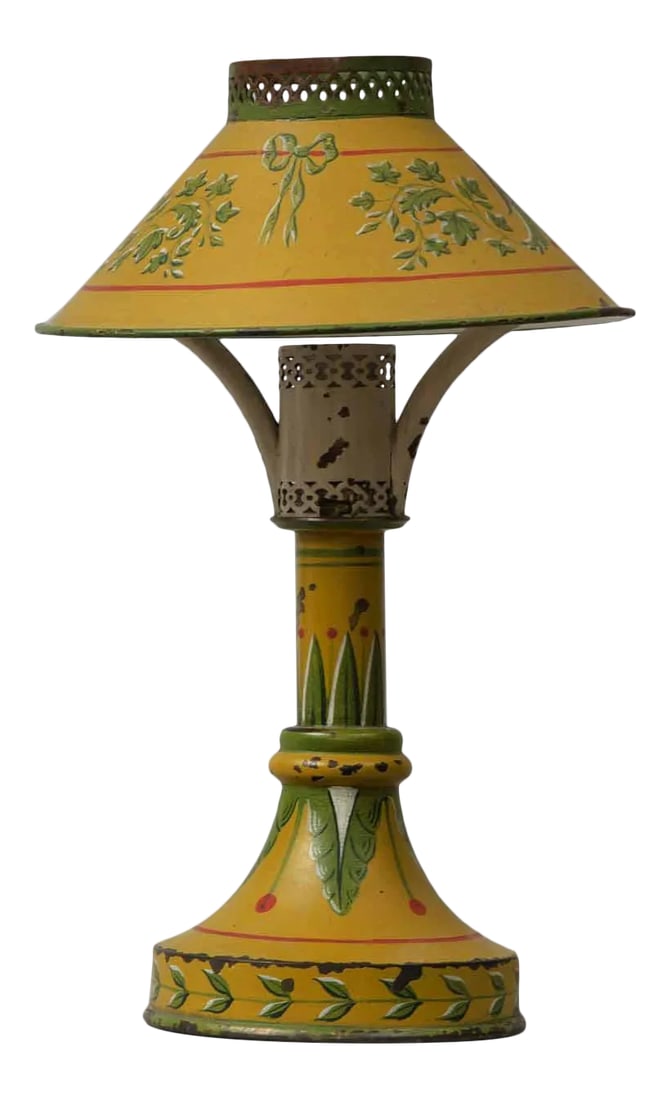 Antique French Tole Night Light, Circa 1900: French small tole night light decorated in mustard yellow with green acanthus leaves, ivy, bows and red line borders. This light is utterly charming. Electrified. Condition: Alterations: Unknown