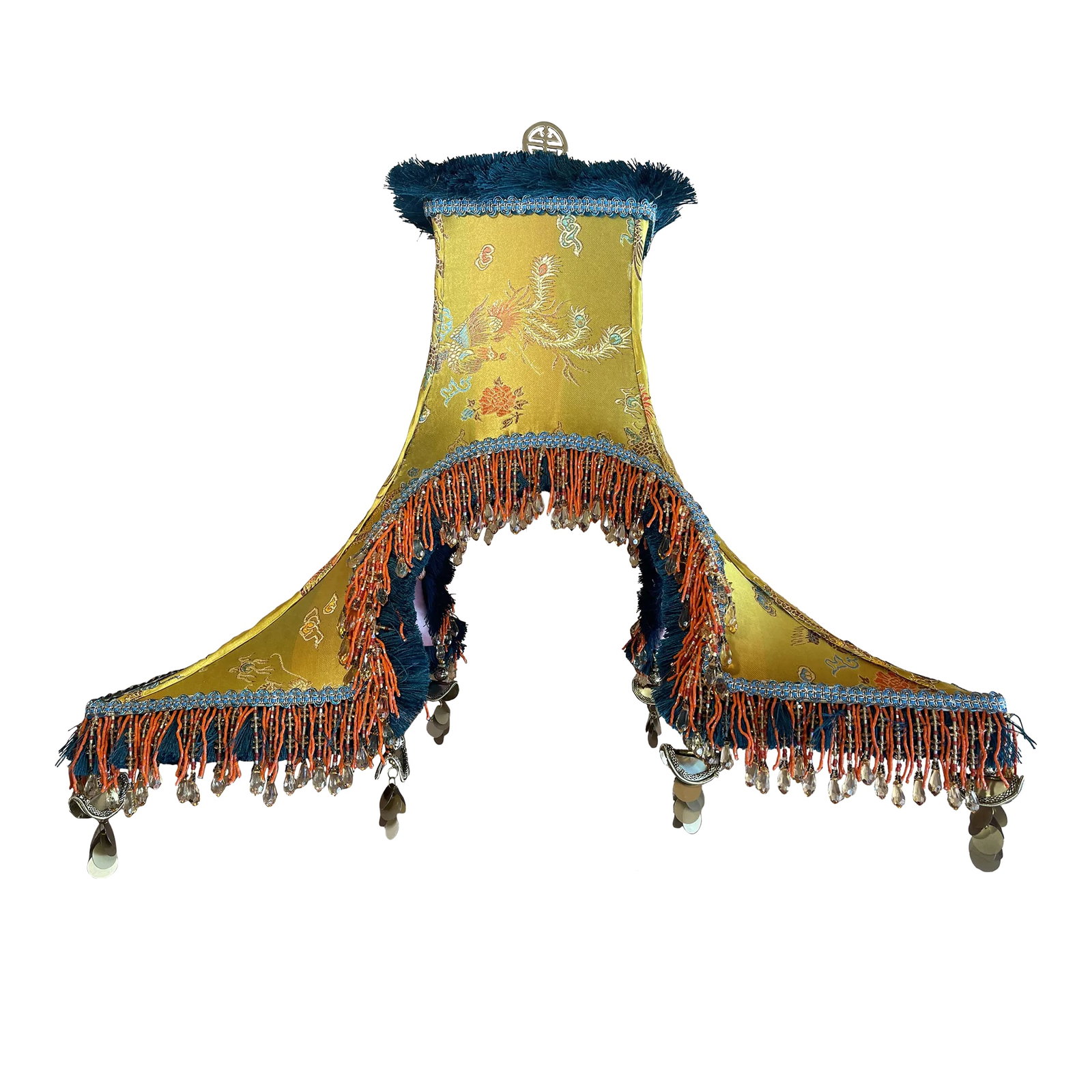 Large Single Penny Long Couture Eiffel Tower Lamp Shade: Back in stock...Large Single Custom couture 'Eiffel Tower' Shade. All hand made hand sewn as well the custom metal frame hand made. Yellow silk chinoiserie print fabric lined in pink silk satin adored