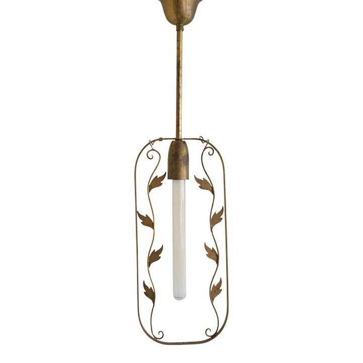 1950s Scandinavian Modern Leaf Decorated Pendant: Scandinavian Modern Pendant in Brass with decorative leaf ornaments. A rectangular frame holds a leaf ornament on each side of the long light bulb. Age appropriate wear to the brass with heavy patina.