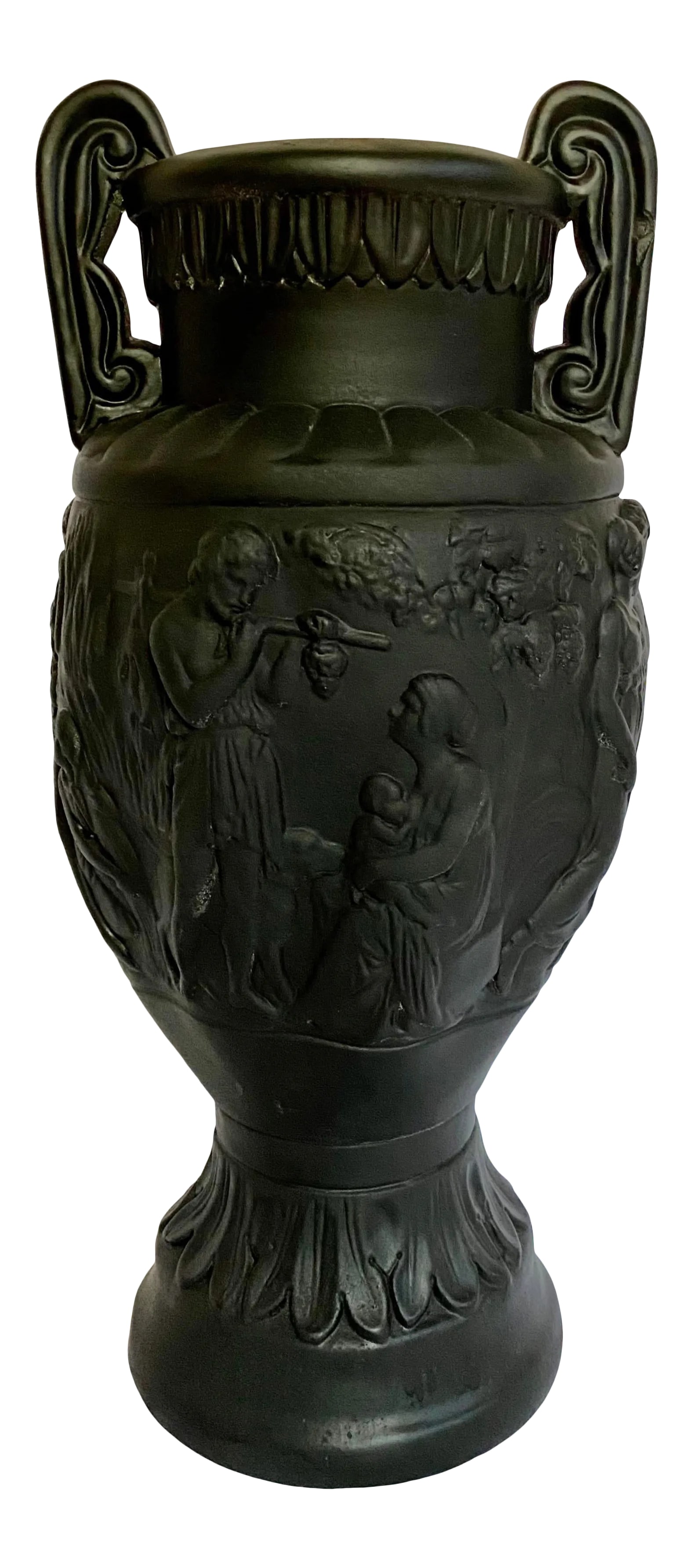 Large Mid Century Neoclassical Plaster Figural Urn: Large Mid Century plaster figural urn vessel in matte black painted finish. Condition: Alterations: Original Design Modified Imperfections: Some Imperfections Condition Notes: Light surface wear and s