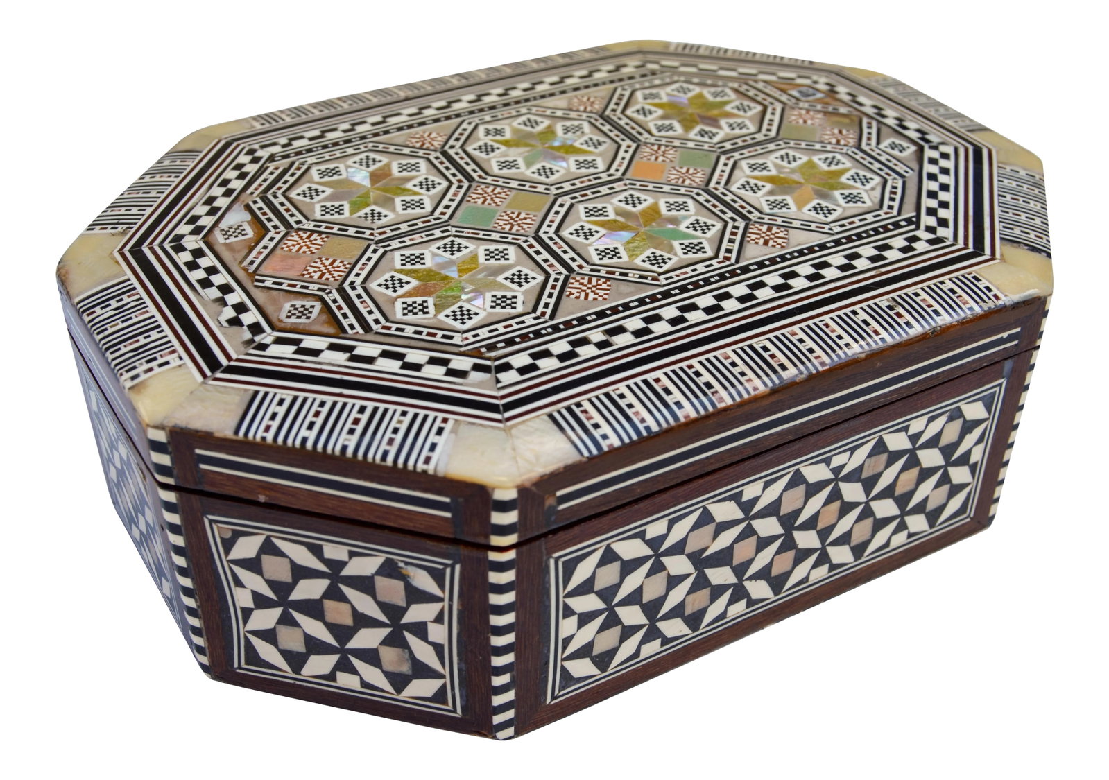 Moorish Mother-Of-Pearl Box: Exquisitely handcrafted mother-of-pearl inlaid box. Features an intricate display of fibulas for protection, astral symbols, and arabesque designs exhibiting an ornate marquetry artwork. This beautifu