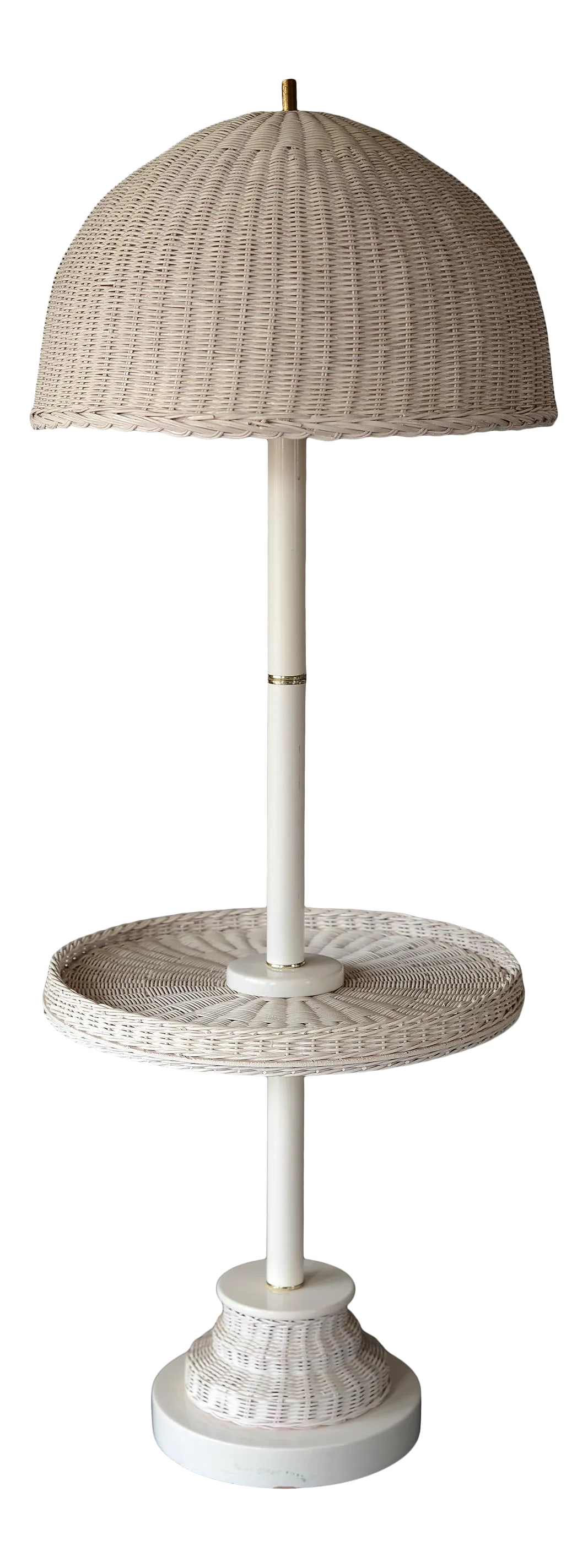 1970s Vintage White Wicker Floor Lamp With Table Shelf: A real boho beauty from the 1970s! This floor lamp is as equally functional as it is stylish with a built-in round table shelf. The base and post are made of metal and the rest is covered in woven