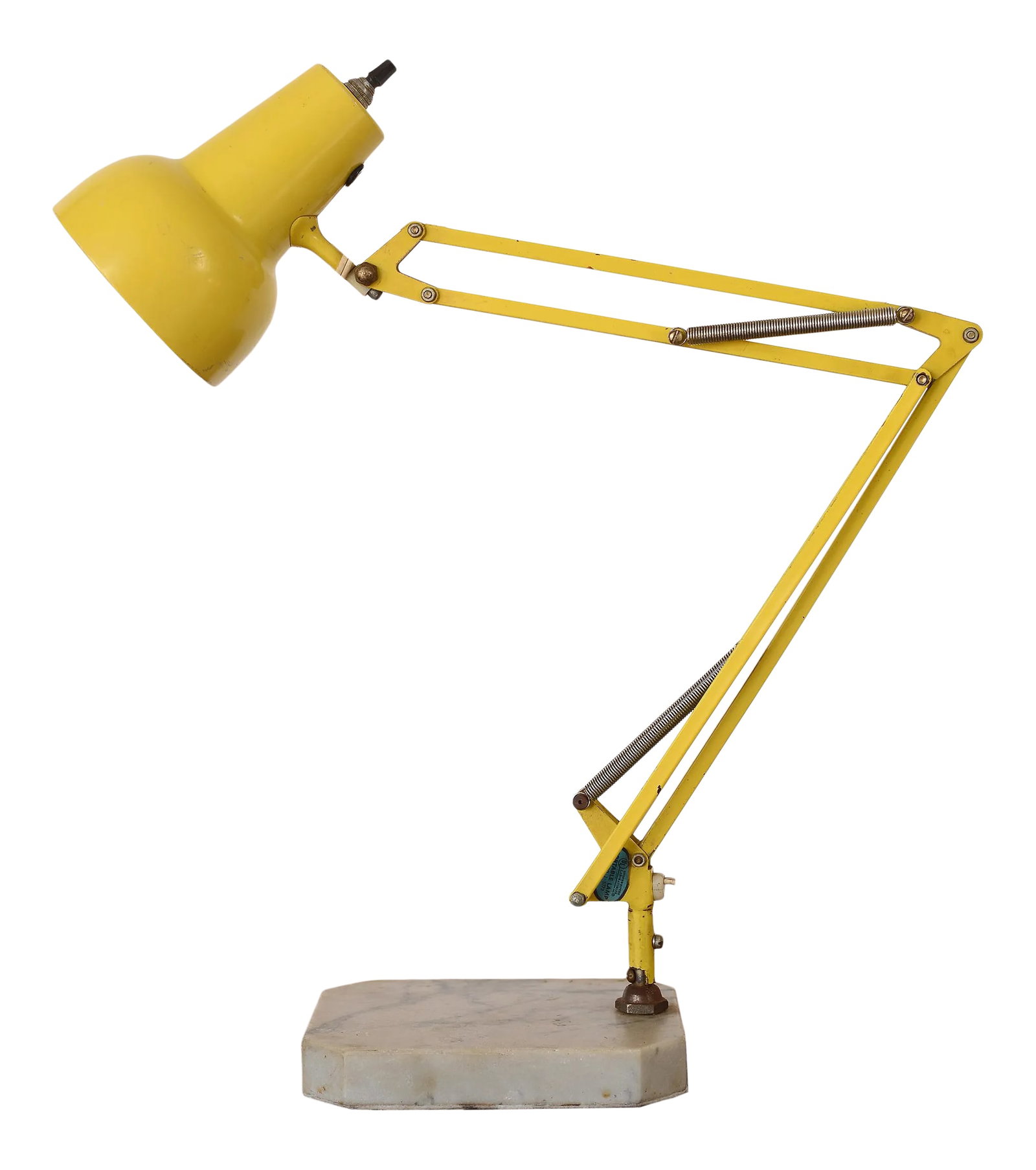Vintage Yellow Luxo Articulating Desk Lamp With Carrara Marble Base: This classic Luxo design from Norway seems to be attributed to Arne Jacobsen by various online sources but I'm not certain either way. What is certain is this version with the Carrara marble base in