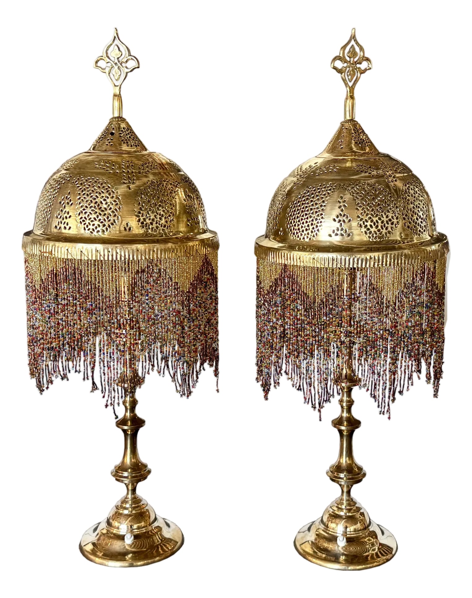 Pair of 1980s Etched Brass Bedside Tables Lamps With Glass Beads: Very beautiful pair of etched brass bedside table lamps with glass beads in gold color. The brass hand etched using hammer and chisel on large dome style top that give the ceiling beautiful magical