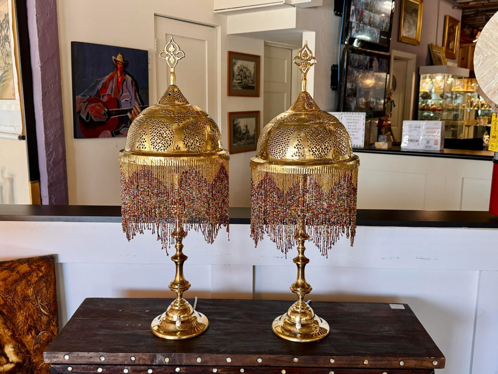 Pair of 1980s Etched Brass Bedside Tables Lamps With Glass Beads - 2