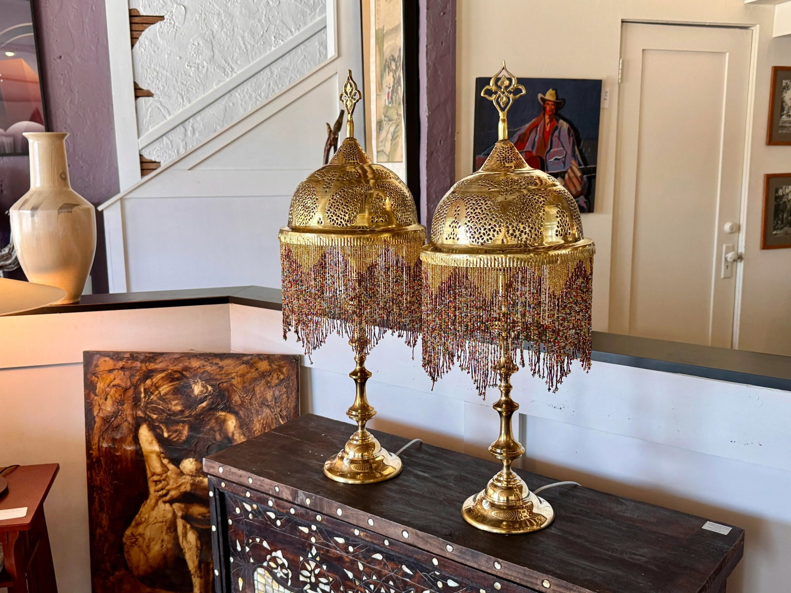 Pair of 1980s Etched Brass Bedside Tables Lamps With Glass Beads - 3