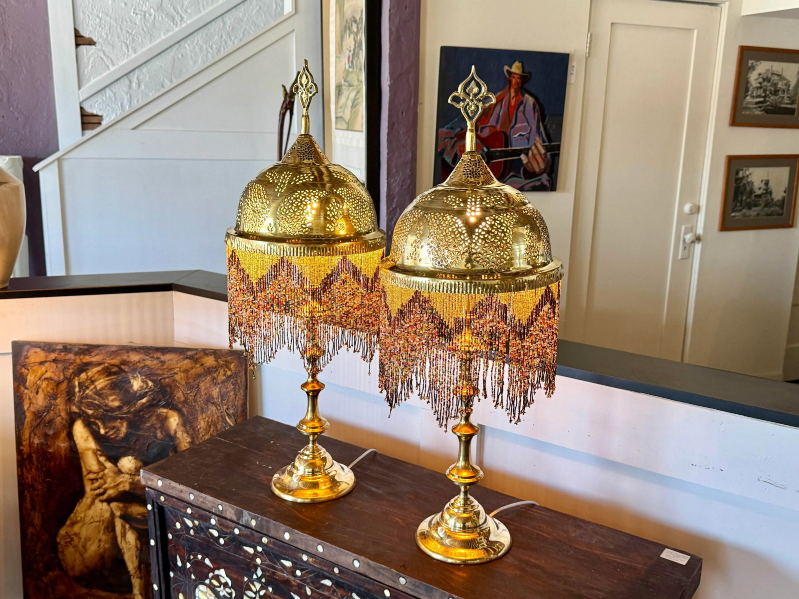 Pair of 1980s Etched Brass Bedside Tables Lamps With Glass Beads - 4