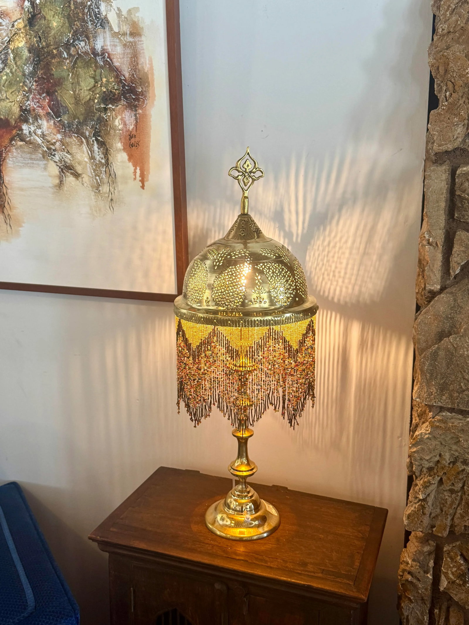 Pair of 1980s Etched Brass Bedside Tables Lamps With Glass Beads - 7