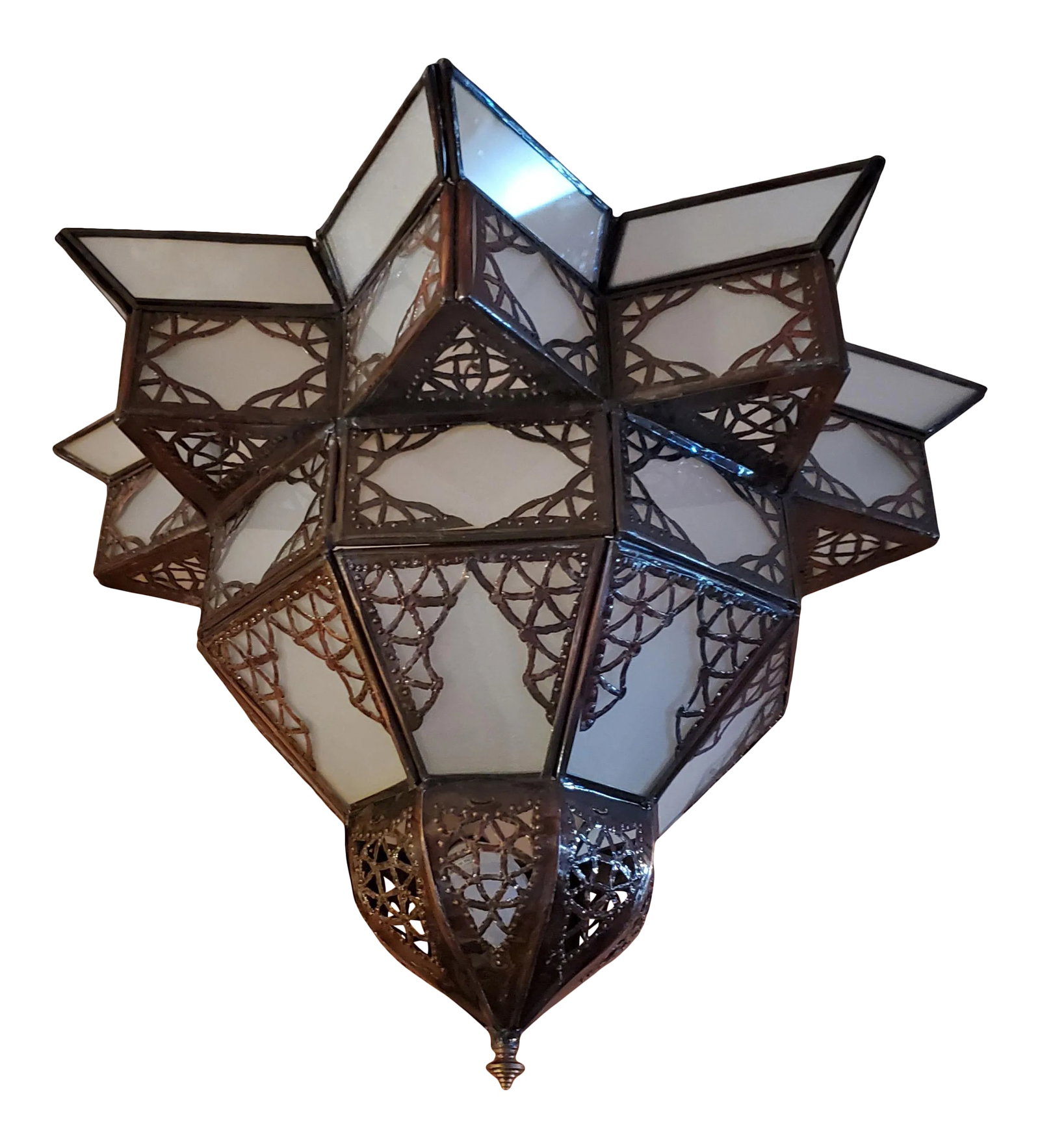 Moroccan Nejma Style White Glass Lantern: Handmade Moroccan glass lantern with frosty white stain glass and metal rustic frame, measuring around 12" in height and 15" in width. Very elegant with a bottom domes. Great add-on to any decor.