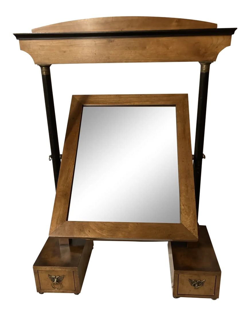 Vintage Baker Furniture Dresser Top Swing Mirror: Wood dresser top swing mirror with two drawers. Each drawer has an eagle pull. Two columns with ornate caps act as supports for the swing mirror. Mirror frame measures 16.75" by 20.75". Condition: