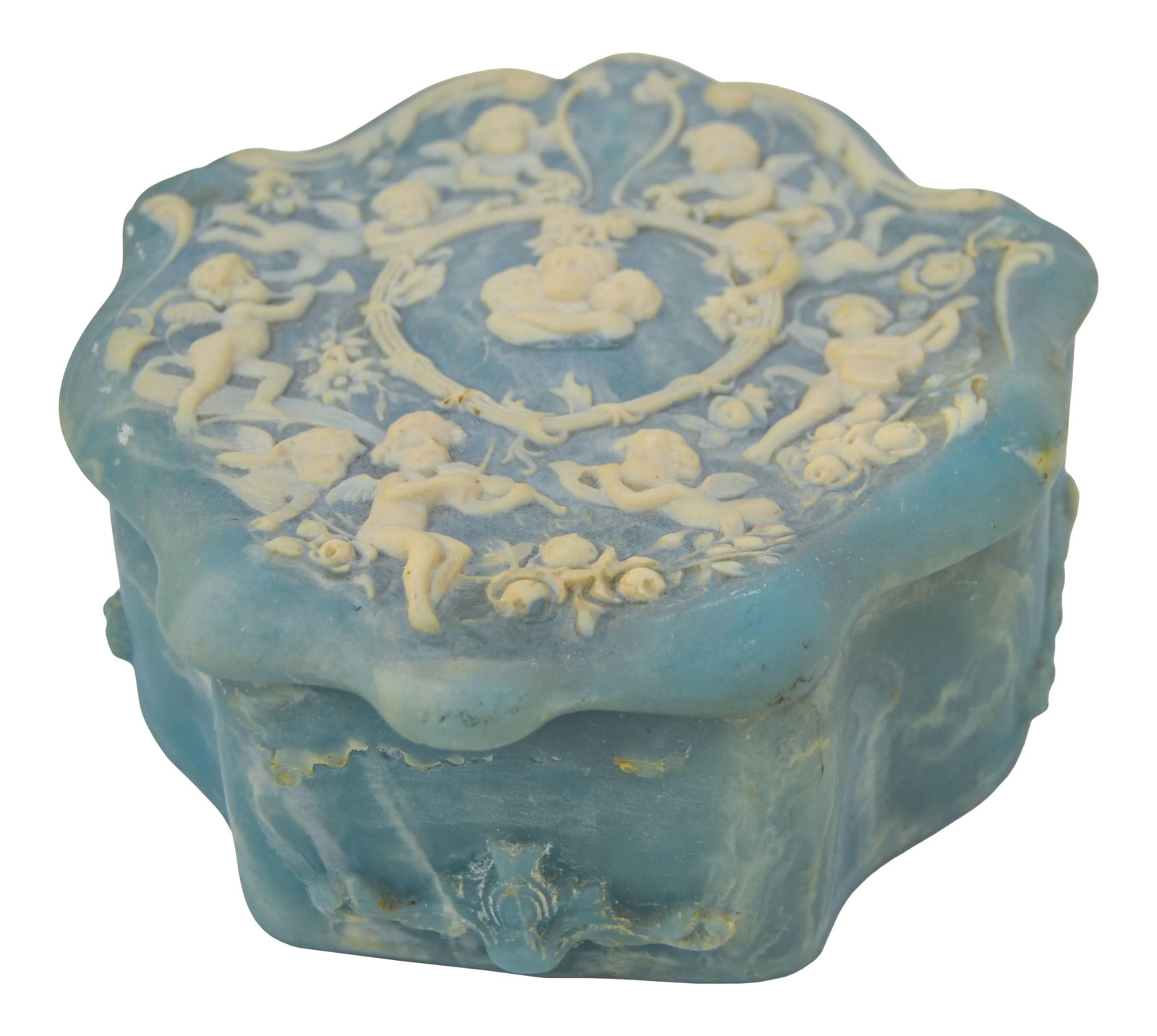Blue Scalloped Incolay-Stone Box: Vintage handcrafted blue scalloped incolay stone box. Exhibits an intricate angels pattern and fine details. Marked: Handcrafted Genuine Incolay Stone USA. This beautiful accent ships within 1-2