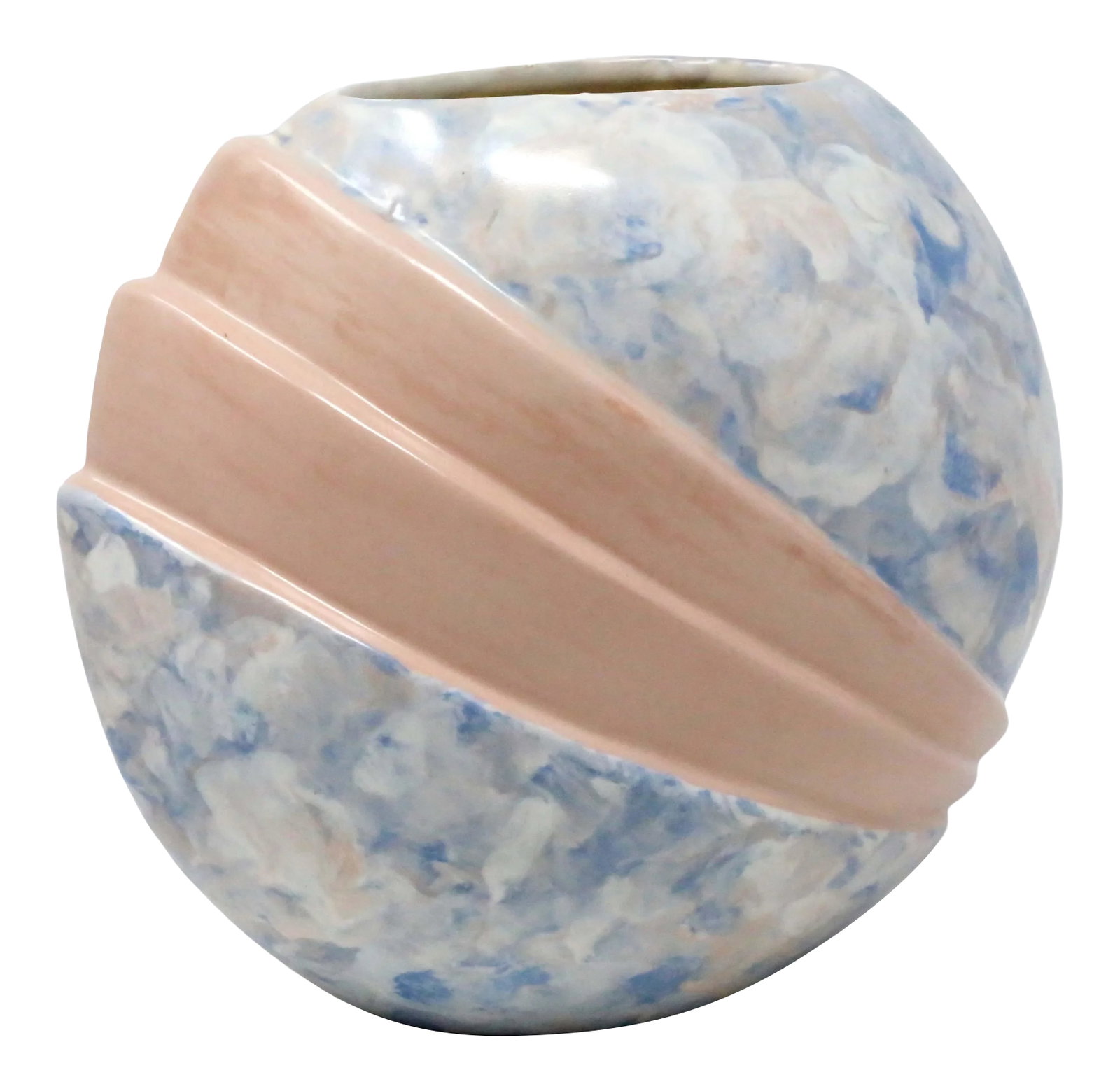 1960's Mid-Century Pink Blue and White Art Deco Ceramic Vase: A vintage 1950's/60's ceramic vase, with a rounded, pleated form and art deco style, painted with a blue, pink and white marbled finish, with pink accents. Good condition; no chips or cracks.