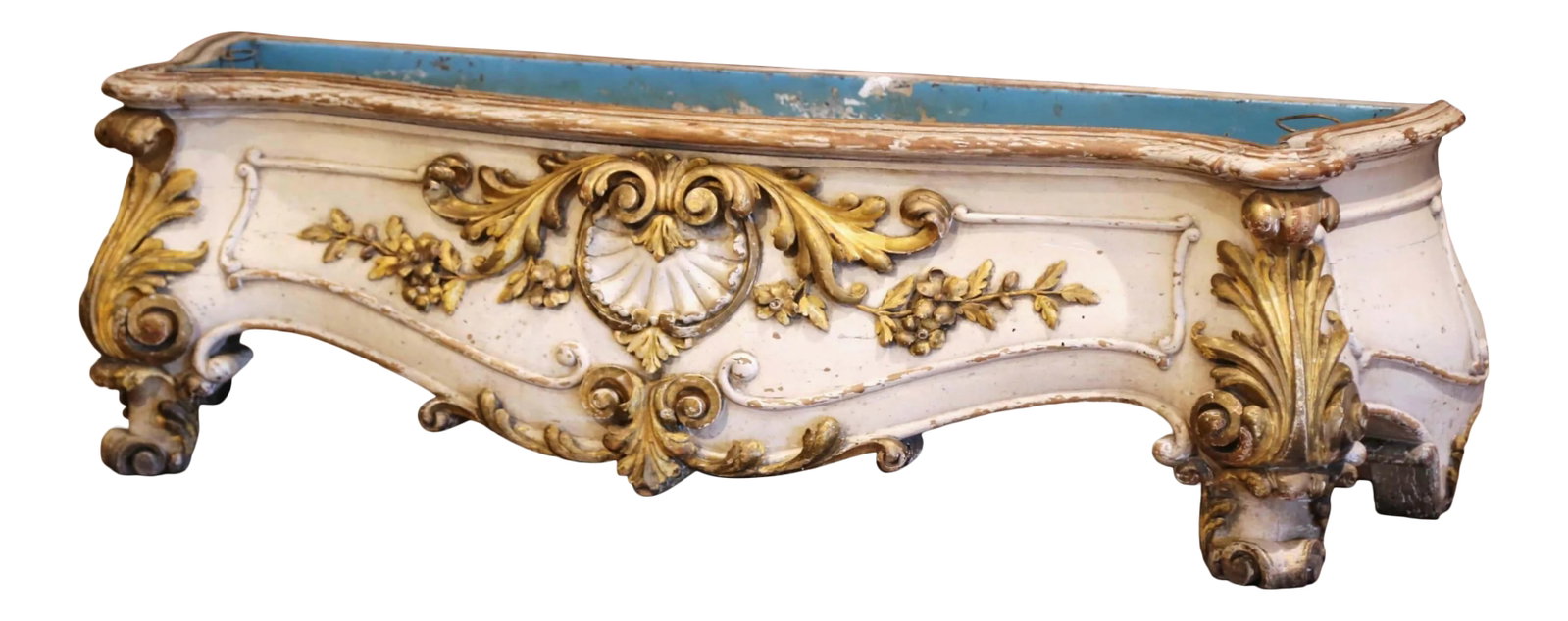 Early 19th Century French Louis XV Carved Painted & Gilt Bombe Floor Jardiniere: Decorate an atrium, sunroom, or interior garden with this elegant antique jardiniere, crafted in France circa 1820. Designed in the Louis XV taste, the planter stands on scrolled escargot feet