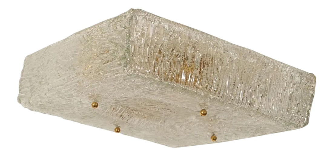 Square Molded Glass Flush Mount: Square textured and molded glass flush mount fixture by Kalmar with brass ball finial details. Condition: Alterations: Unknown Imperfections: Some Imperfections Condition Notes: Very good vintage