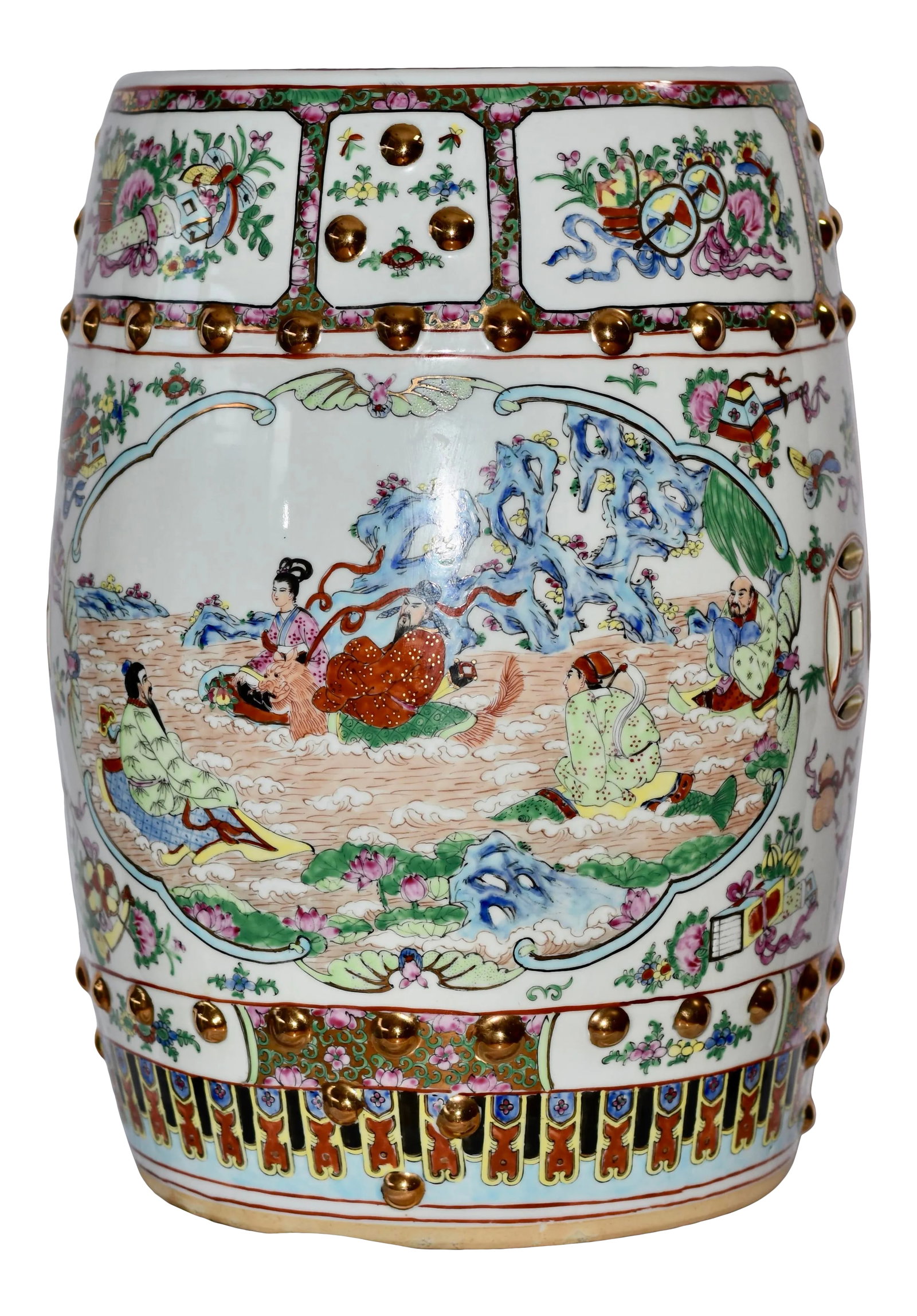 1960s Chinese Rose Medallion Gilt Canton Famille Rose Barrel Garden Stool (1 of 13)