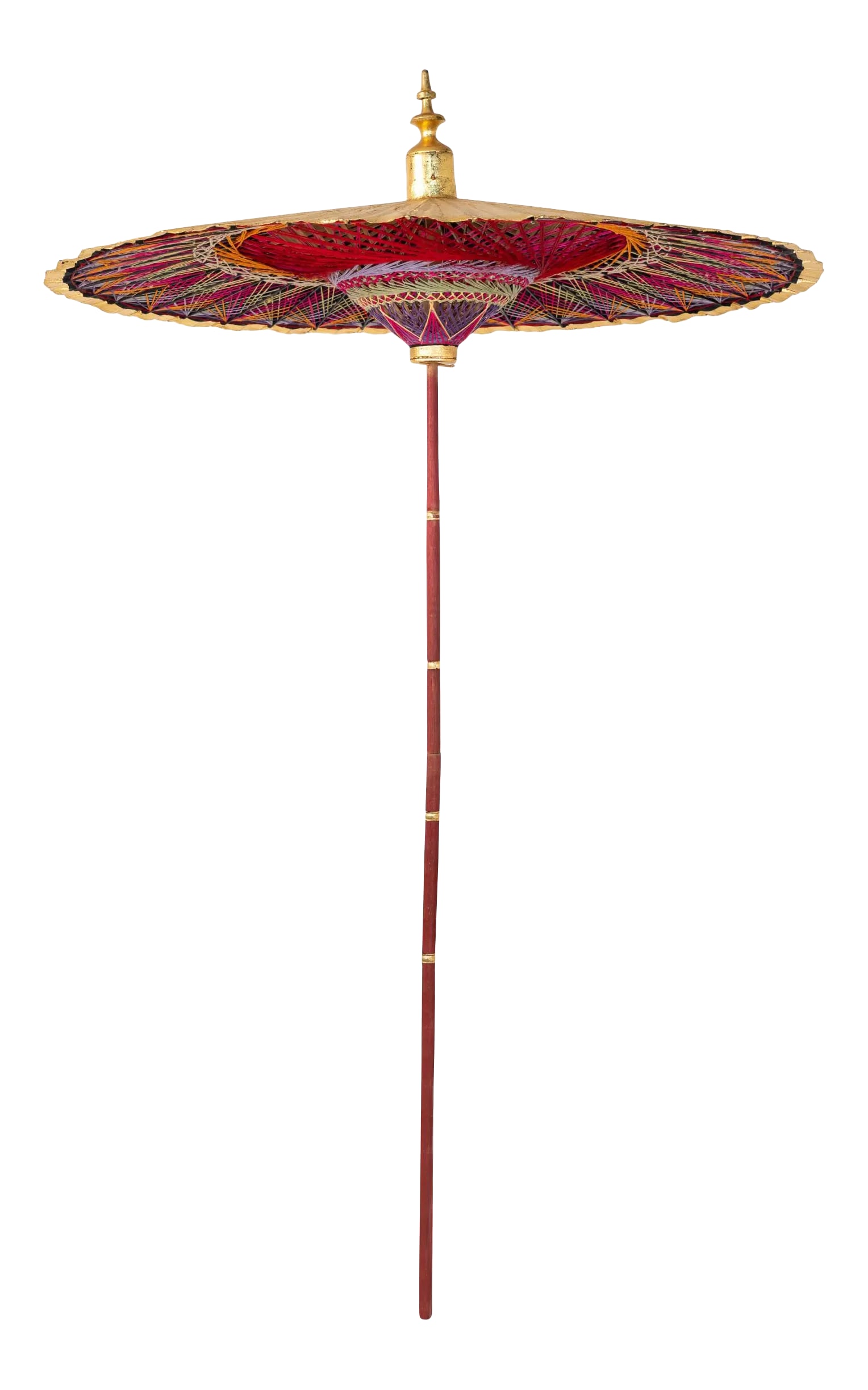 Gold Umbrella With Rainbow Accent: Stunning sun umbrella with a gilt exterior and a painted wood column with a gold finial at the top. The gold umbrella opens to reveal a brilliant pattern of color created by woven threads anchored by 