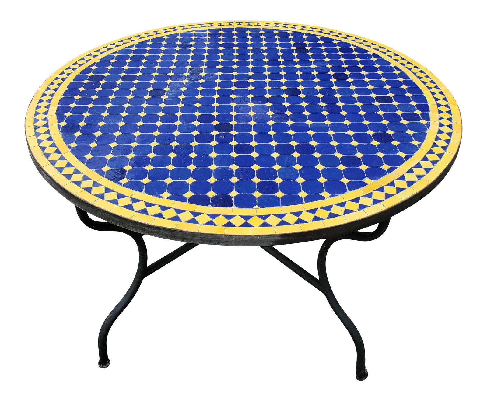 48" Round Moroccan Mosaic Table, Blue / Yellow: Custom made glazed Moroccan mosaic table measuring 48" in diameter. An indoor or outdoor dining table that sits up to six people. The tabletop showcases an intricate Cr4 pattern, one of Morocco's