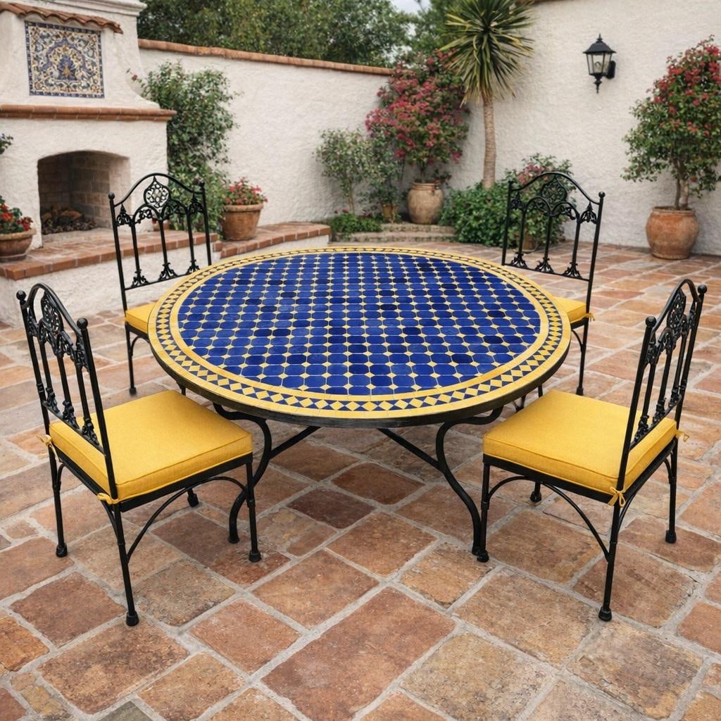 48" Round Moroccan Mosaic Table, Blue / Yellow - 3