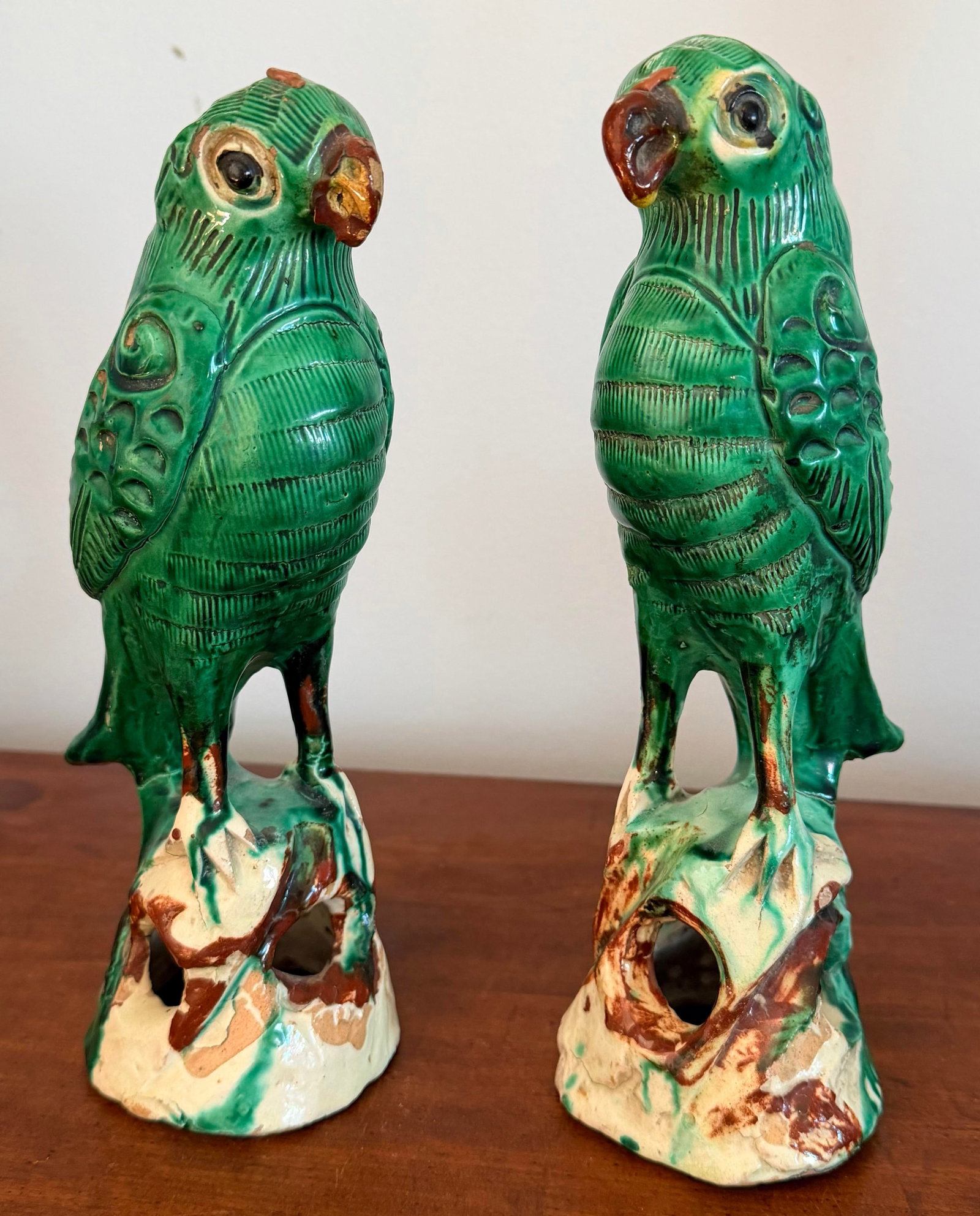 Pair Antique Chinese Green Parrots - 2
