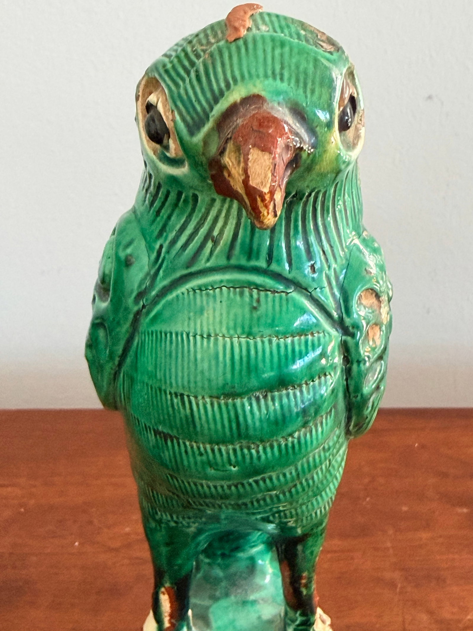 Pair Antique Chinese Green Parrots - 3