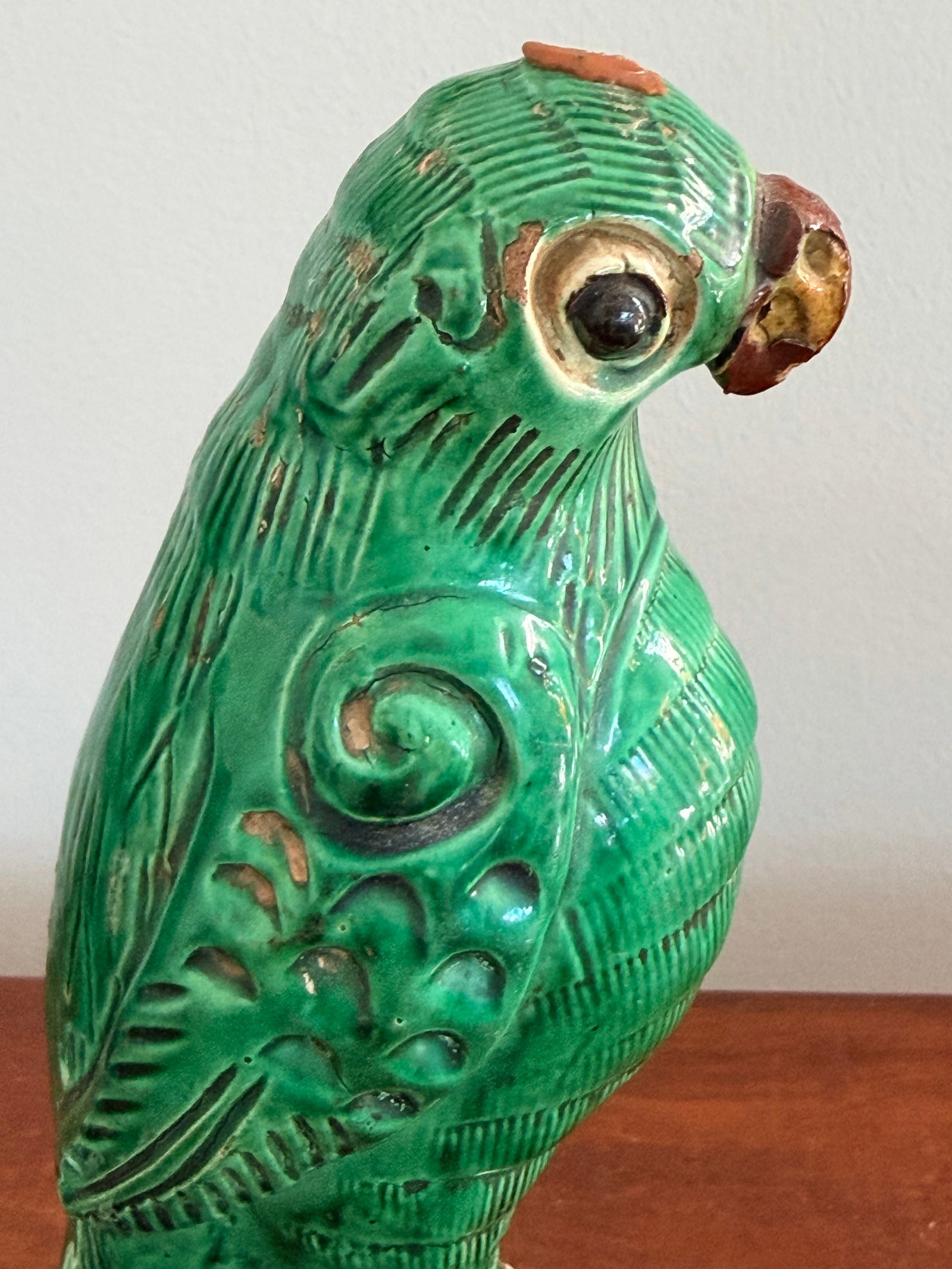 Pair Antique Chinese Green Parrots - 5