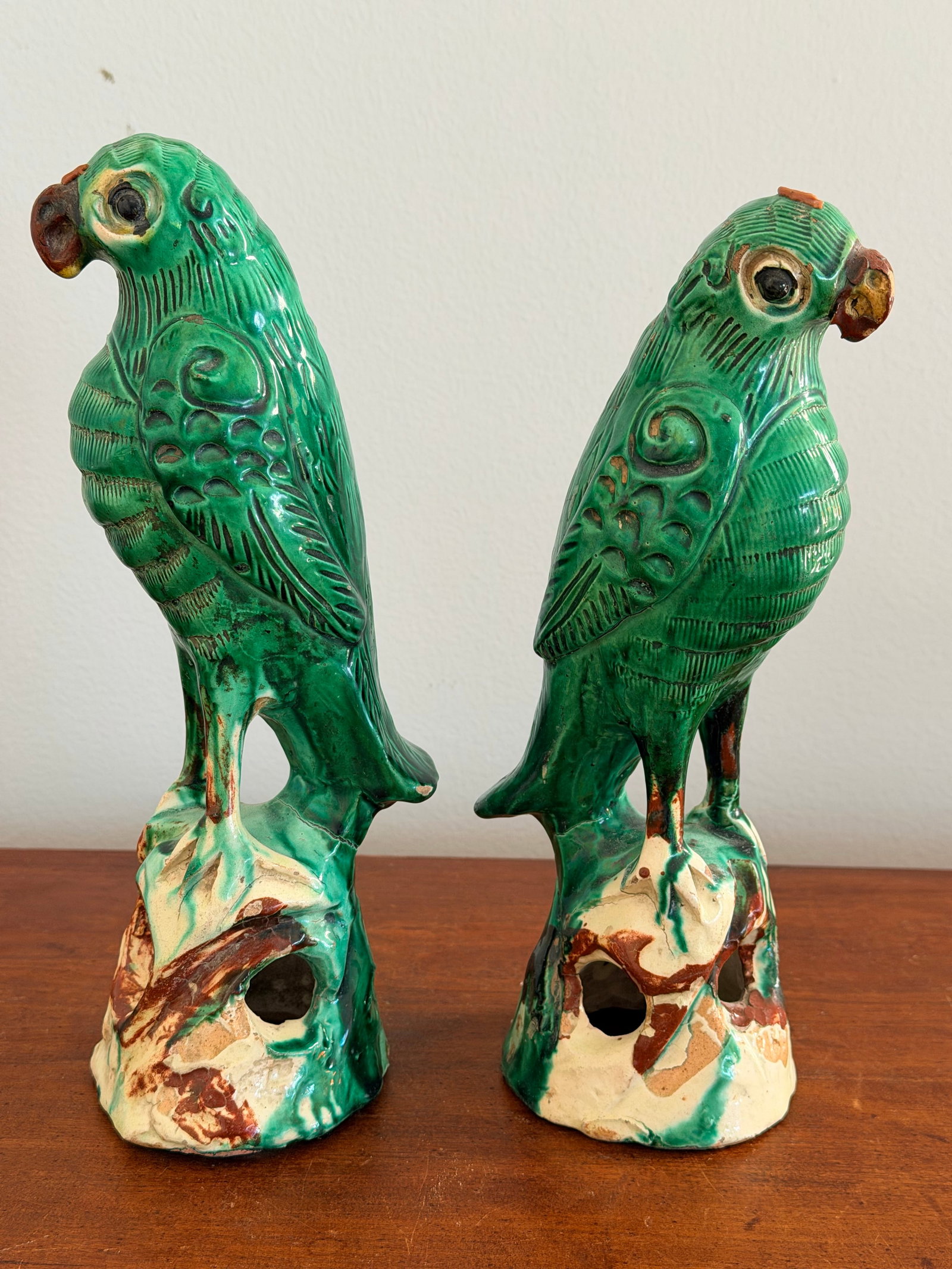 Pair Antique Chinese Green Parrots - 6