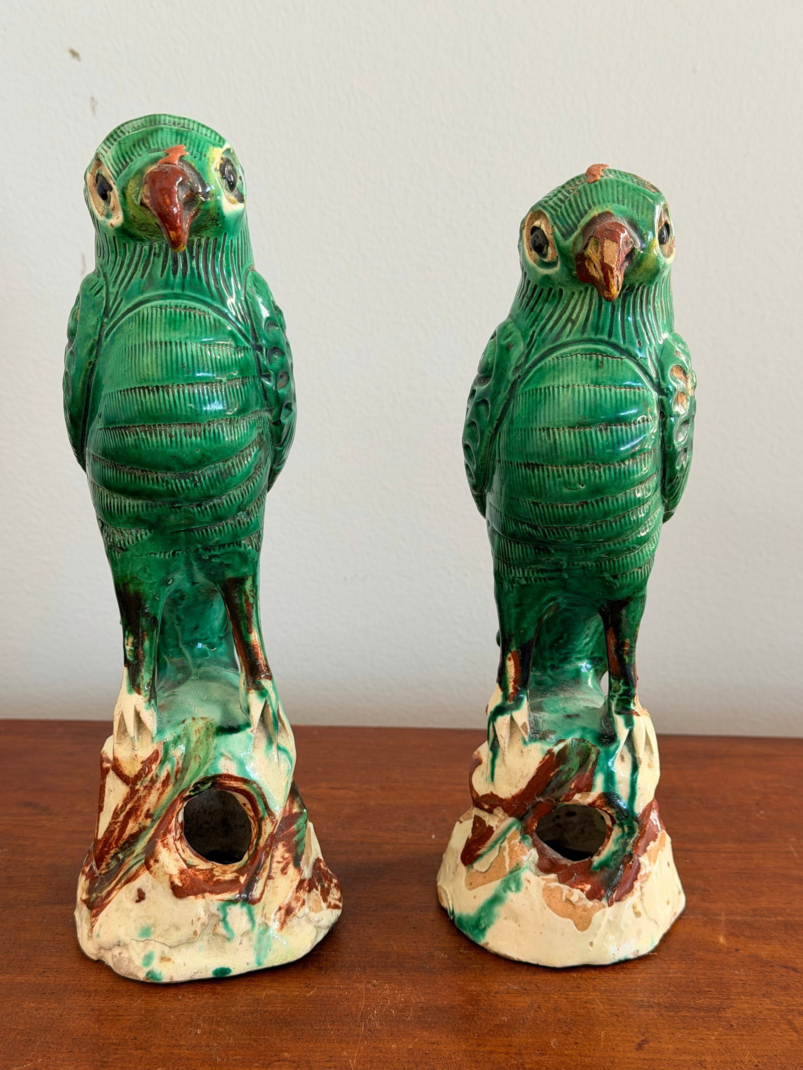 Pair Antique Chinese Green Parrots - 7
