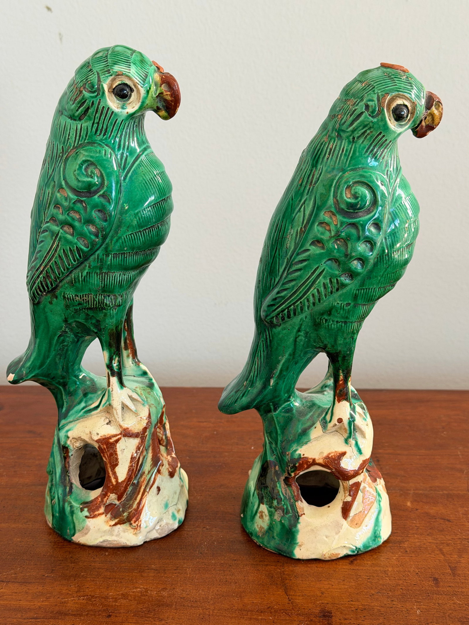 Pair Antique Chinese Green Parrots - 8