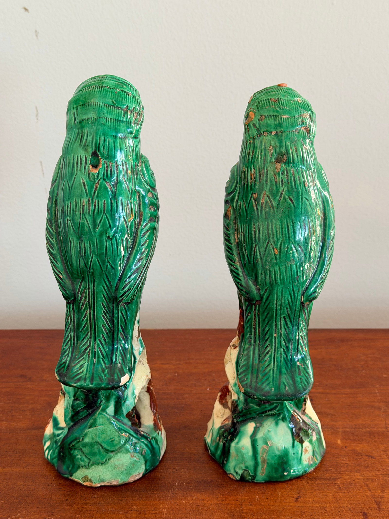Pair Antique Chinese Green Parrots - 9