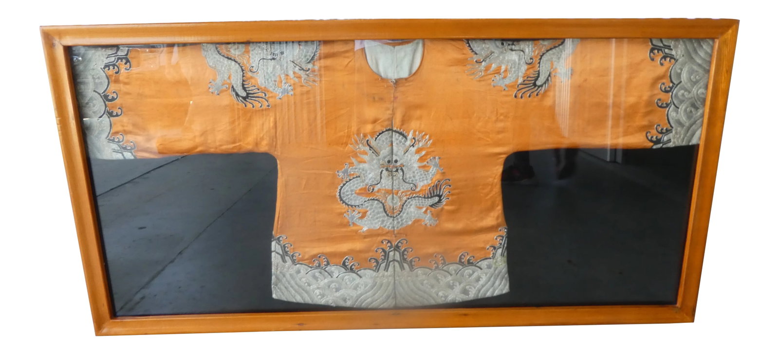 Antique Chinese Robe in Frame With Chinese Antique Seal: Antique Chinese Robe in Frame With Chinese Antique Seal sold as found in vintage condition. Condition: Alterations: Original Condition Unaltered Imperfections: Some Imperfections Condition Notes: