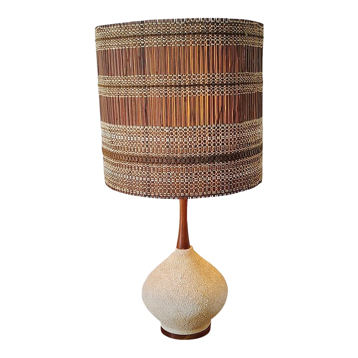 1950s Mid Century Modern Maria Kipp Lampshade and Lamp: This lovely Maria Kipp lampshade is made from bamboo and woven chenille. There is minor staining on the inside of the shade but is in excellent condition given its age. Diameter of the shade is 17 inc