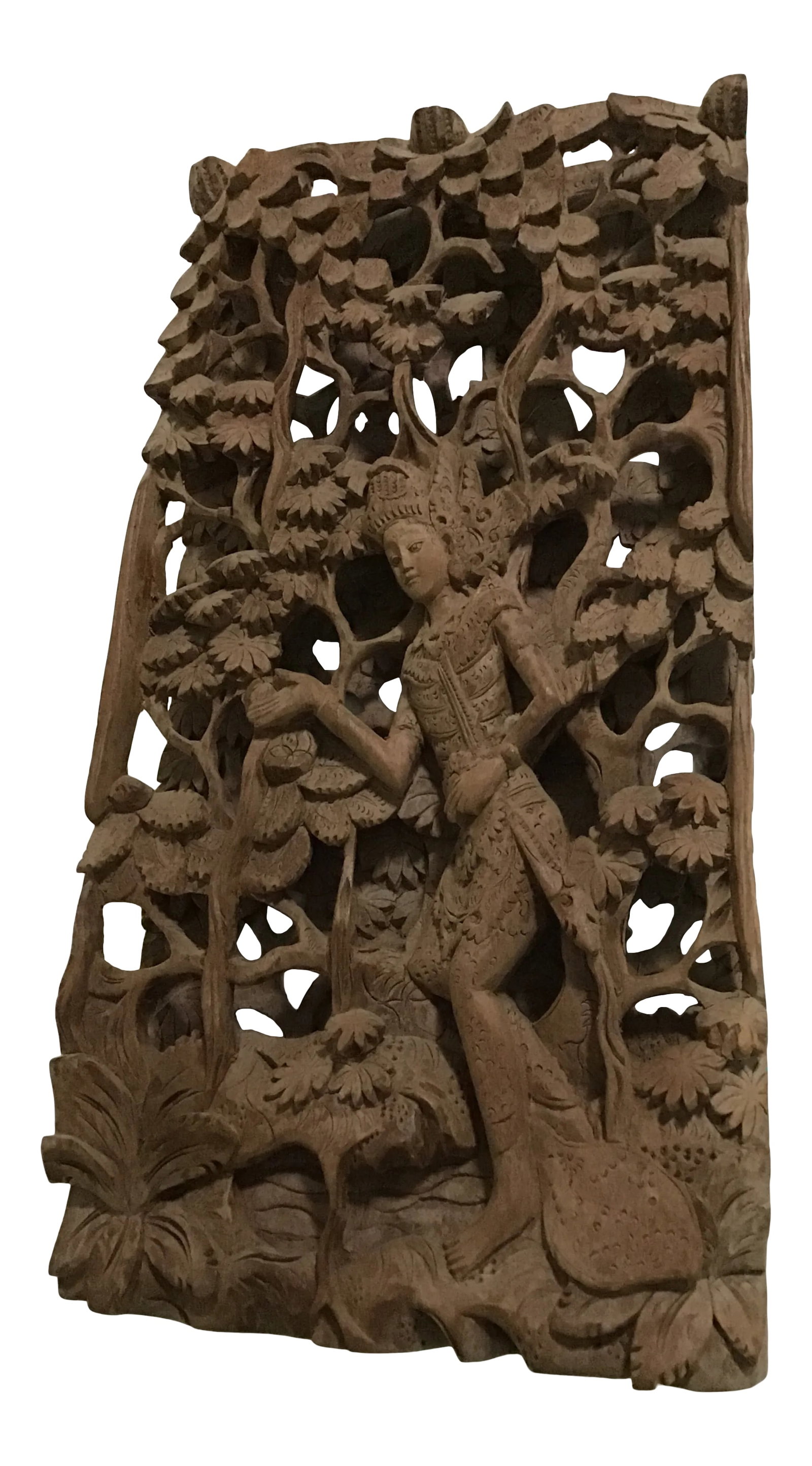Balinese Hand Carved Hindu Goddess Woman Sculpture: Balinese Hand Carved Hindu Goddess Woman Sculpture Beautiful hand carved floral and goddess Stands up Or you could place a wire in back to hang Beautiful 1 leaf chipped in right corner see close up