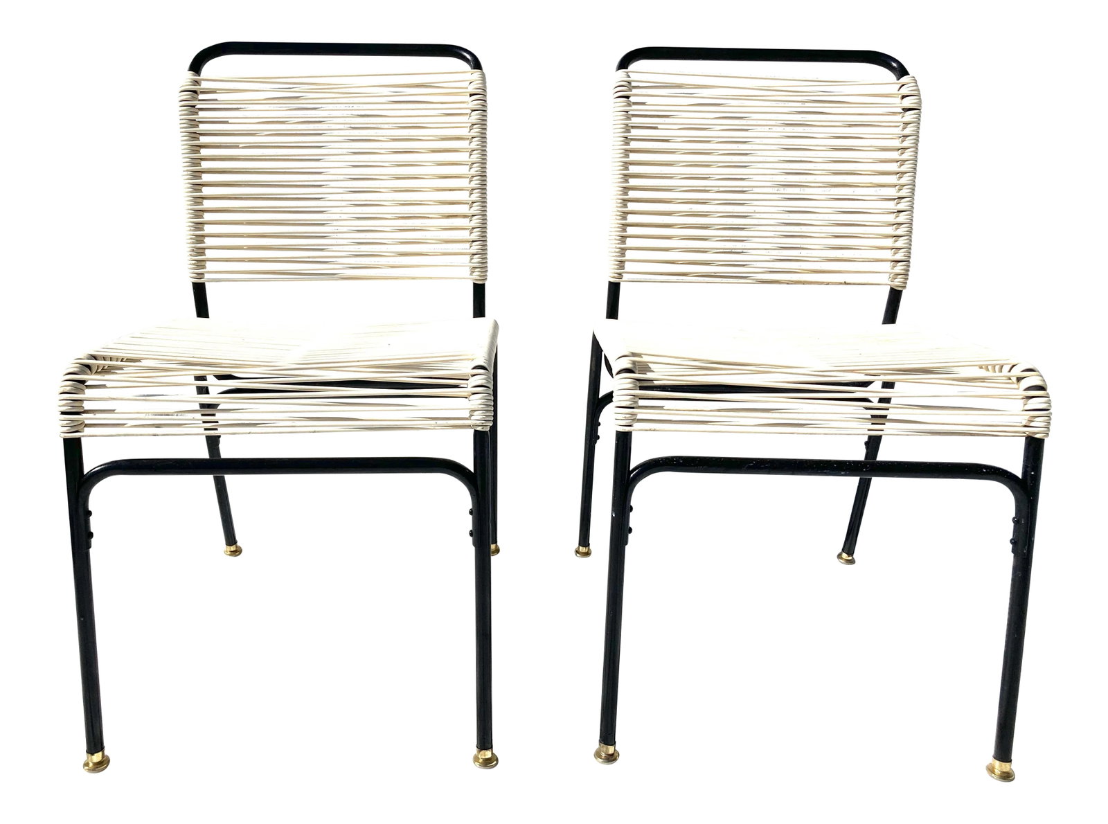 Vintage Spaghetti Chairs in Black & Beige - A Pair: Vintage 'Spaghetti' Chairs '80's, unmarked. These are ideal apartment size/style midcentury, a Pair. Black iron frame with cream colored vinyl strapping. Condition: Alterations: Original Condition