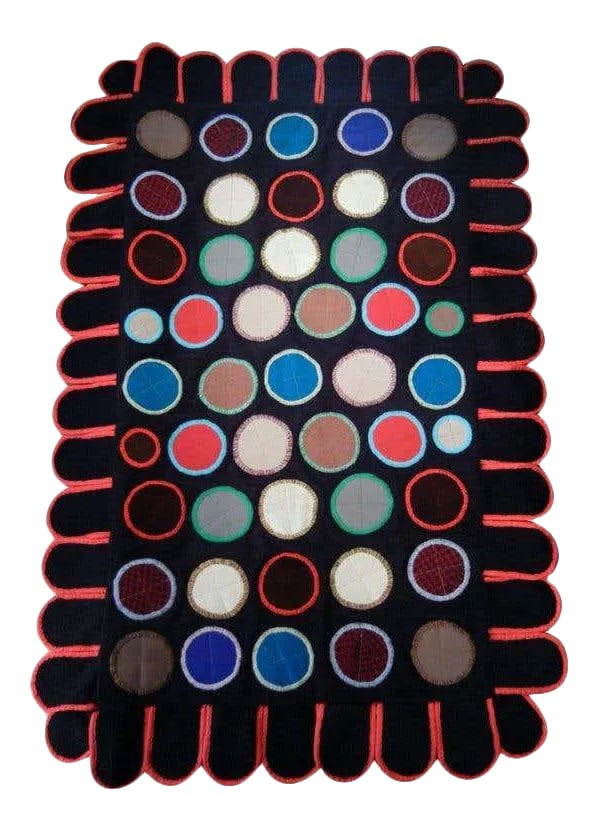 1960s Folk Art Pop Art Wall Hanging Quilt: This graphic Folk Art table-top or wall-hanging penny rug-style quilt in Pop Art colors and design, is hand-sewn and treadle-machine-sewn in period felt and cotton fabrics and 1960's era threads. It w