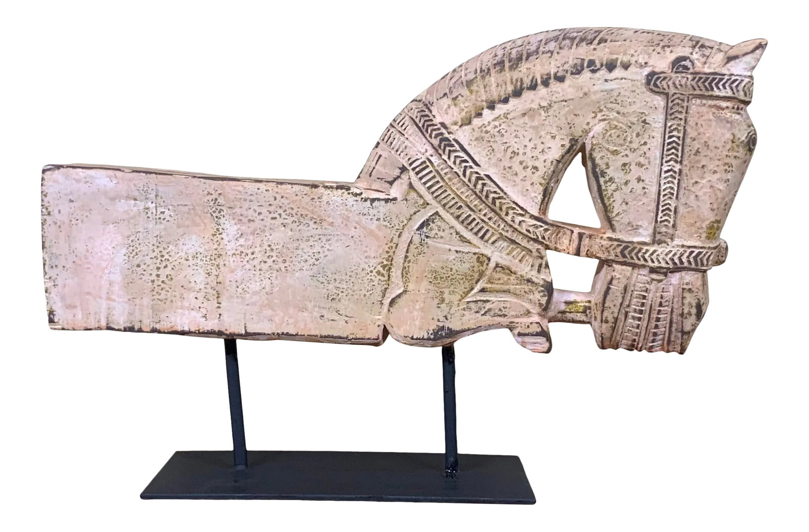 1960s Architectural Hand Carved Wood Horse: Intriguing horse sculpture made of hand carved solid wood, hand painted with beautiful rustic patina. Professionally mounted on steel base. Exceptional object of art for display. Condition: