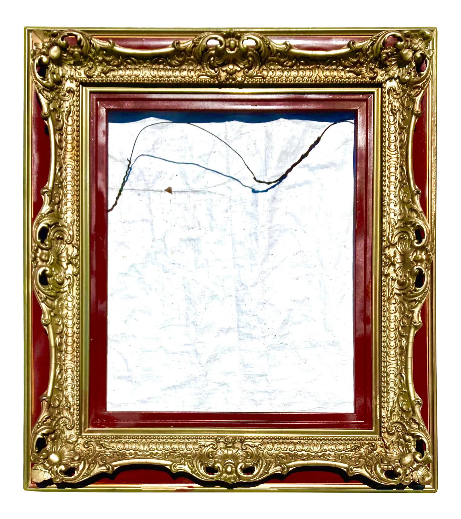 Antique American Picture or Mirror Wall Frame: Antique American Picture or Mirror Wall Frame Decor Painted Red Kidney Bean. Wood frame with plaster molding. Inside viewing space is 19.5x 23.75. Condition: Alterations: Original Design Modified