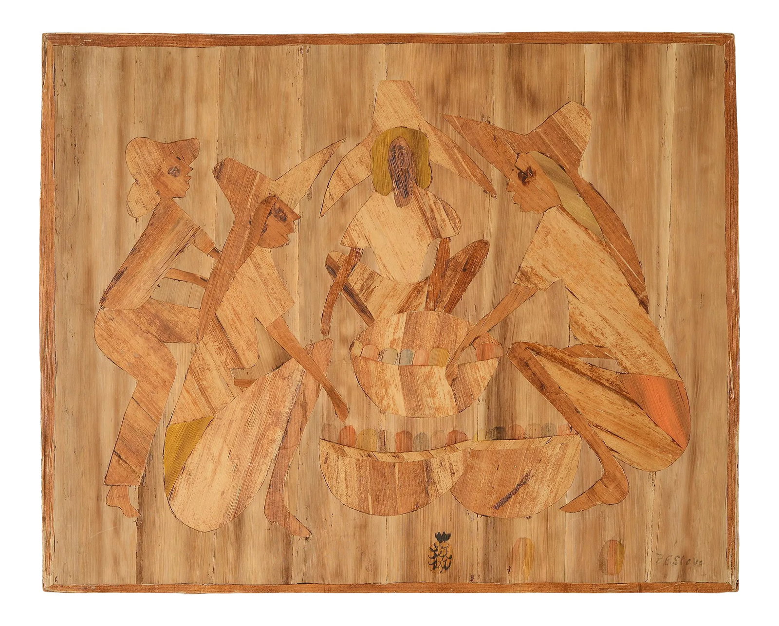 1960s Folk Art Plant Fiber Wall Hanging: Such a unique and visually captivating piece of vintage art you don't see everyday! This is a signed wallhanging made of flattened dried palm leaves with individual pieces cut and inlaid on top of a