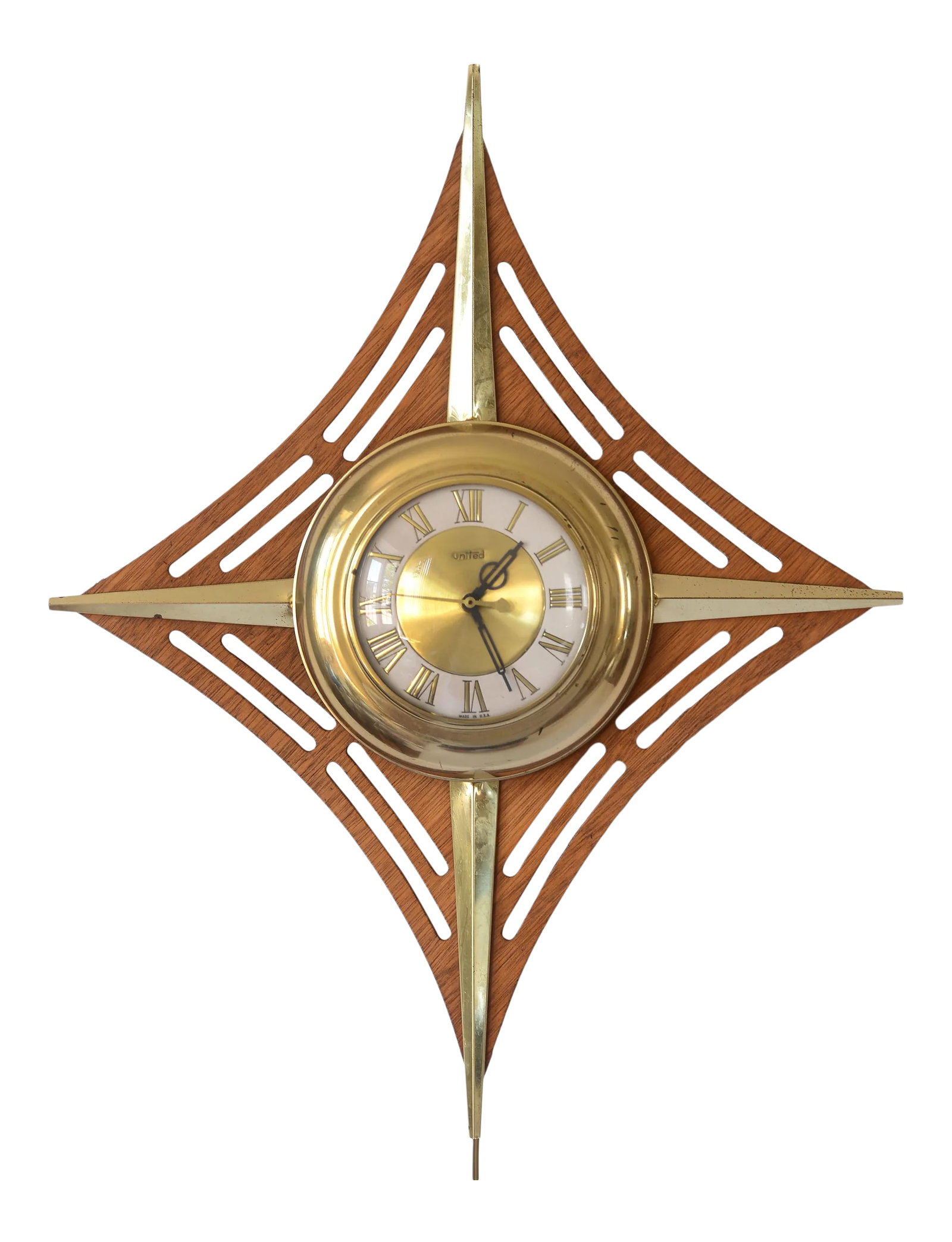 1950s United Mid Century Laminated Teak & Brass Diamond-Shaped Clock (1 of 12)