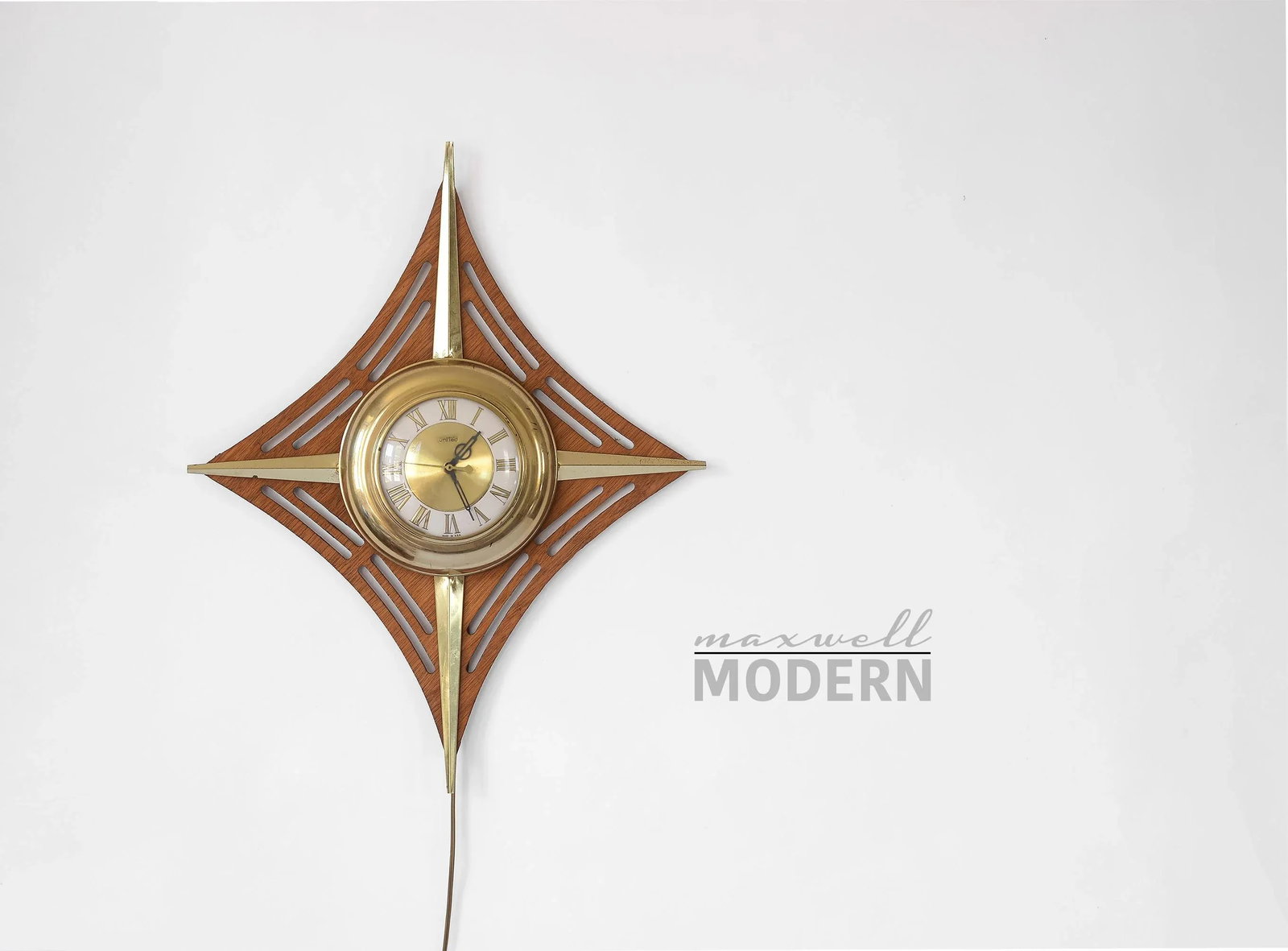 1950s United Mid Century Laminated Teak & Brass Diamond-Shaped Clock - 2
