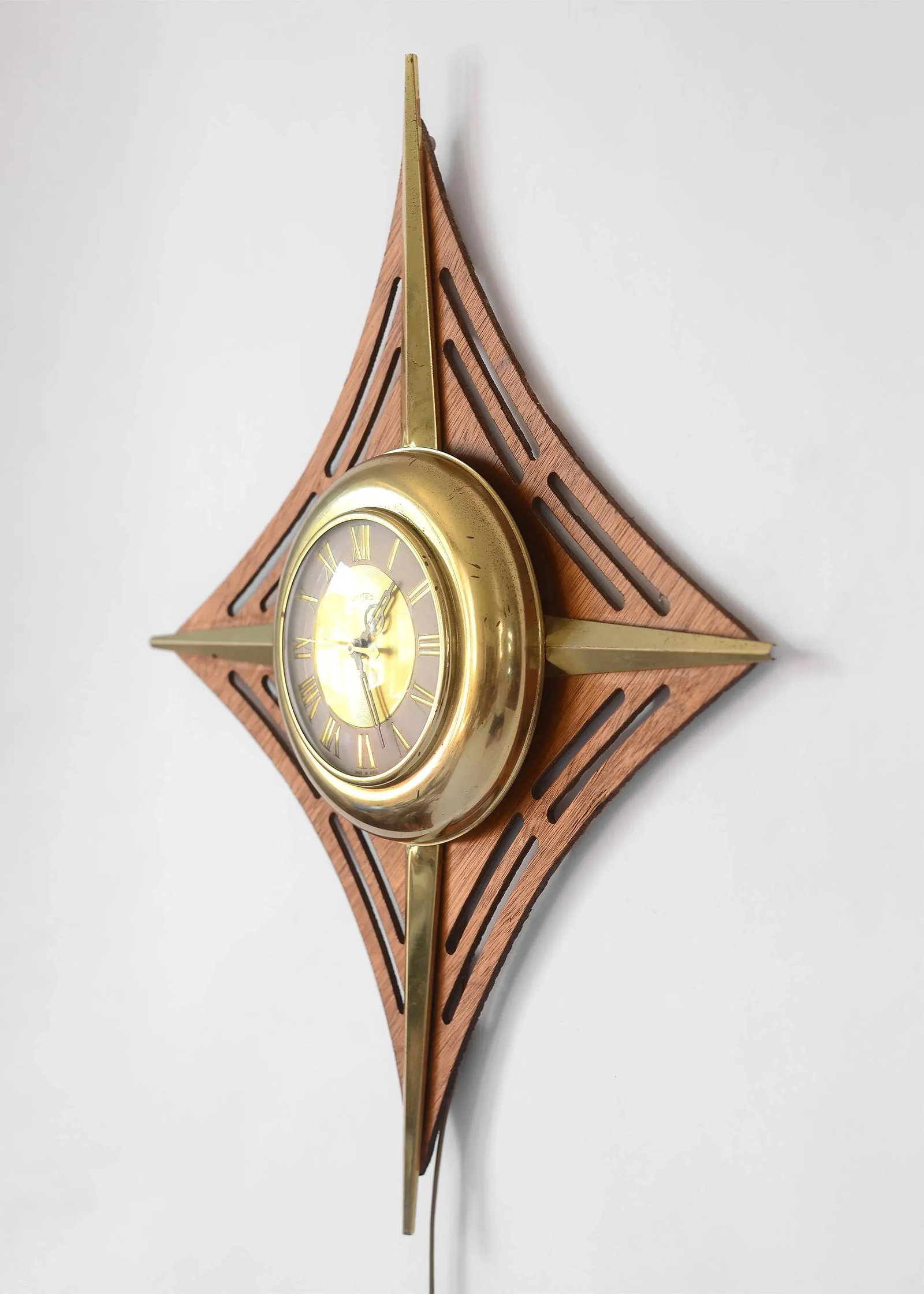 1950s United Mid Century Laminated Teak & Brass Diamond-Shaped Clock - 3